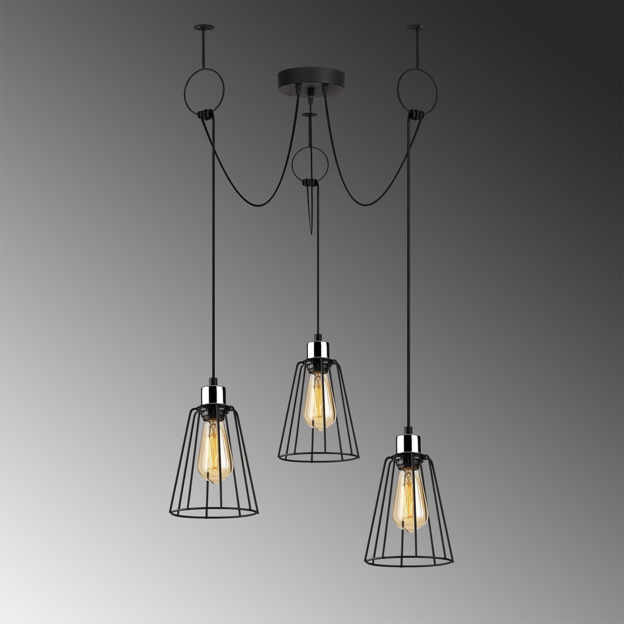 Candeeiro de Teto industrial preto, 95 cm de diâmetro, altura ajustável, corpo de metal, 3 soquetes E27, design elegante e nostálgico para espaços modernos