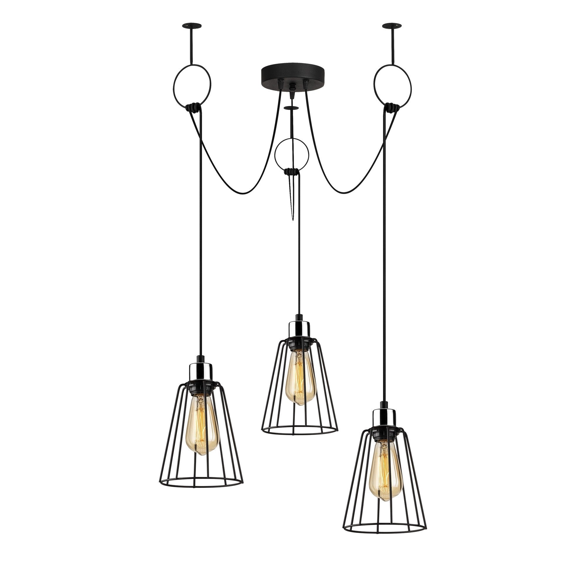Candeeiro de Teto industrial preto, 95 cm de diâmetro, altura ajustável, corpo de metal, 3 soquetes E27, design elegante e nostálgico para espaços modernos
