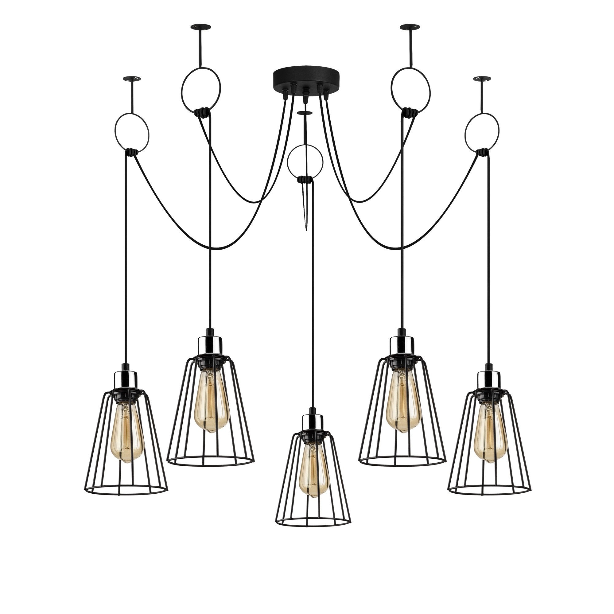 Candeeiro de Teto industrial preto, 115 cm de diâmetro, altura ajustável, corpo de metal, 5 soquetes E27, design elegante e nostálgico para espaços modernos