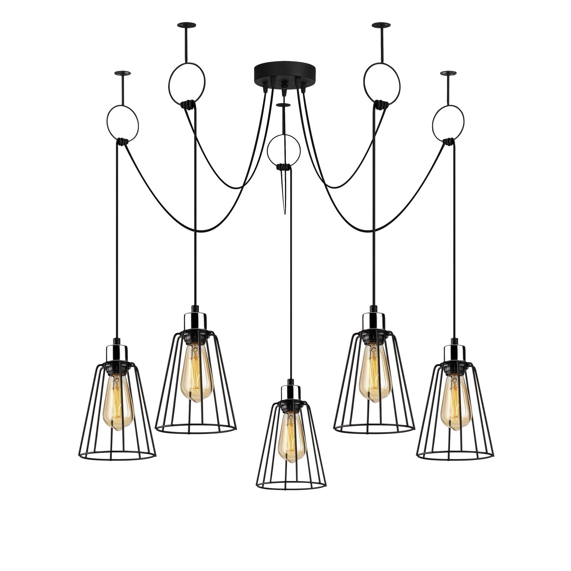 Candeeiro de Teto industrial preto, 115 cm de diâmetro, altura ajustável, corpo de metal, 5 soquetes E27, design elegante e nostálgico para espaços modernos