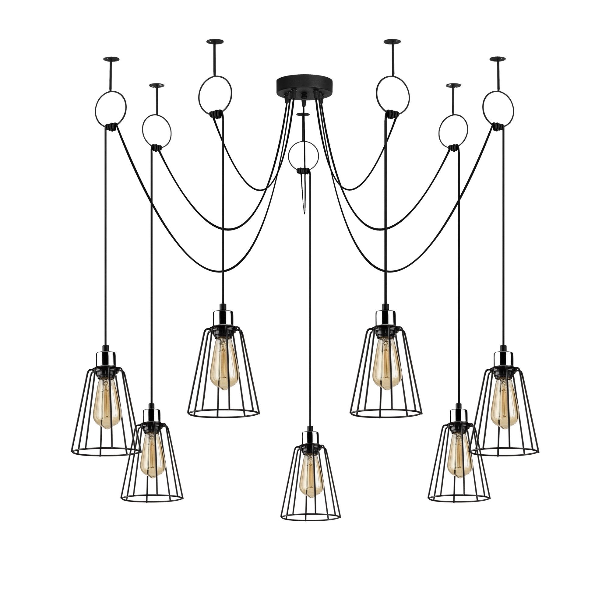 Candeeiro de Teto Industrial Preto, 135 cm de Diâmetro, Altura Ajustável, 7 Soquetes E27, IP20 | Design Elegante e Nostálgico para Espaços Modernos