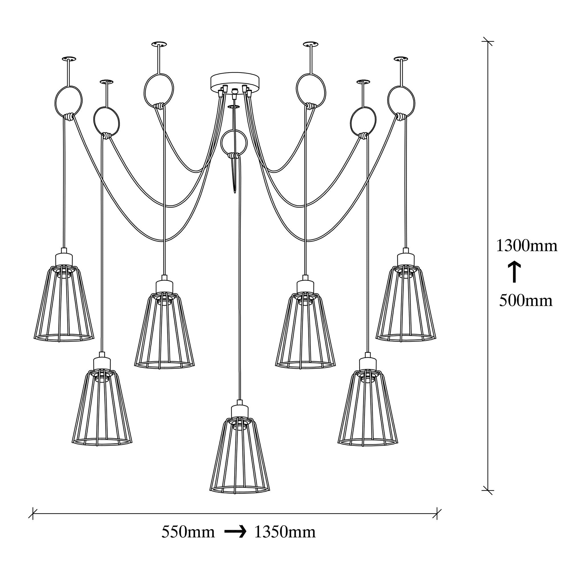 Candeeiro de Teto Industrial Preto, 135 cm de Diâmetro, Altura Ajustável, 7 Soquetes E27, IP20 | Design Elegante e Nostálgico para Espaços Modernos