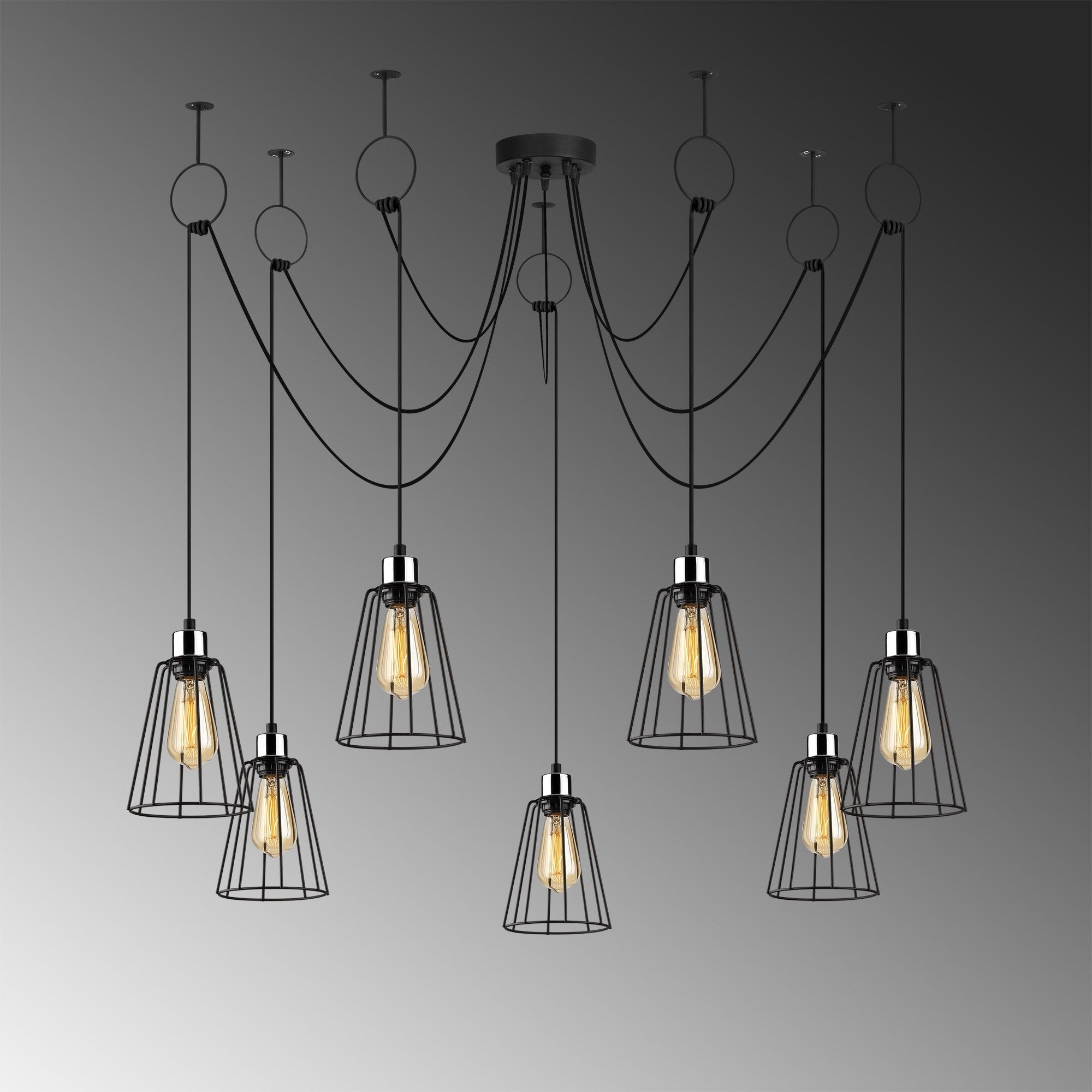 Candeeiro de Teto Industrial Preto, 135 cm de Diâmetro, Altura Ajustável, 7 Soquetes E27, IP20 | Design Elegante e Nostálgico para Espaços Modernos