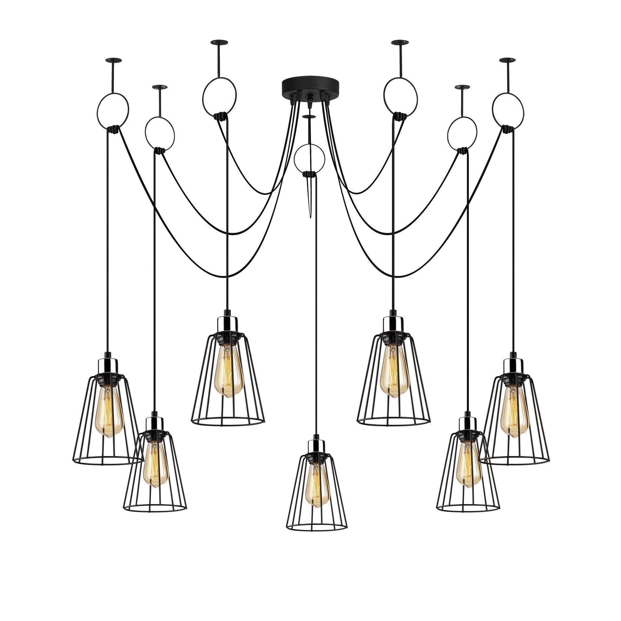 Candeeiro de Teto Industrial Preto, 135 cm de Diâmetro, Altura Ajustável, 7 Soquetes E27, IP20 | Design Elegante e Nostálgico para Espaços Modernos