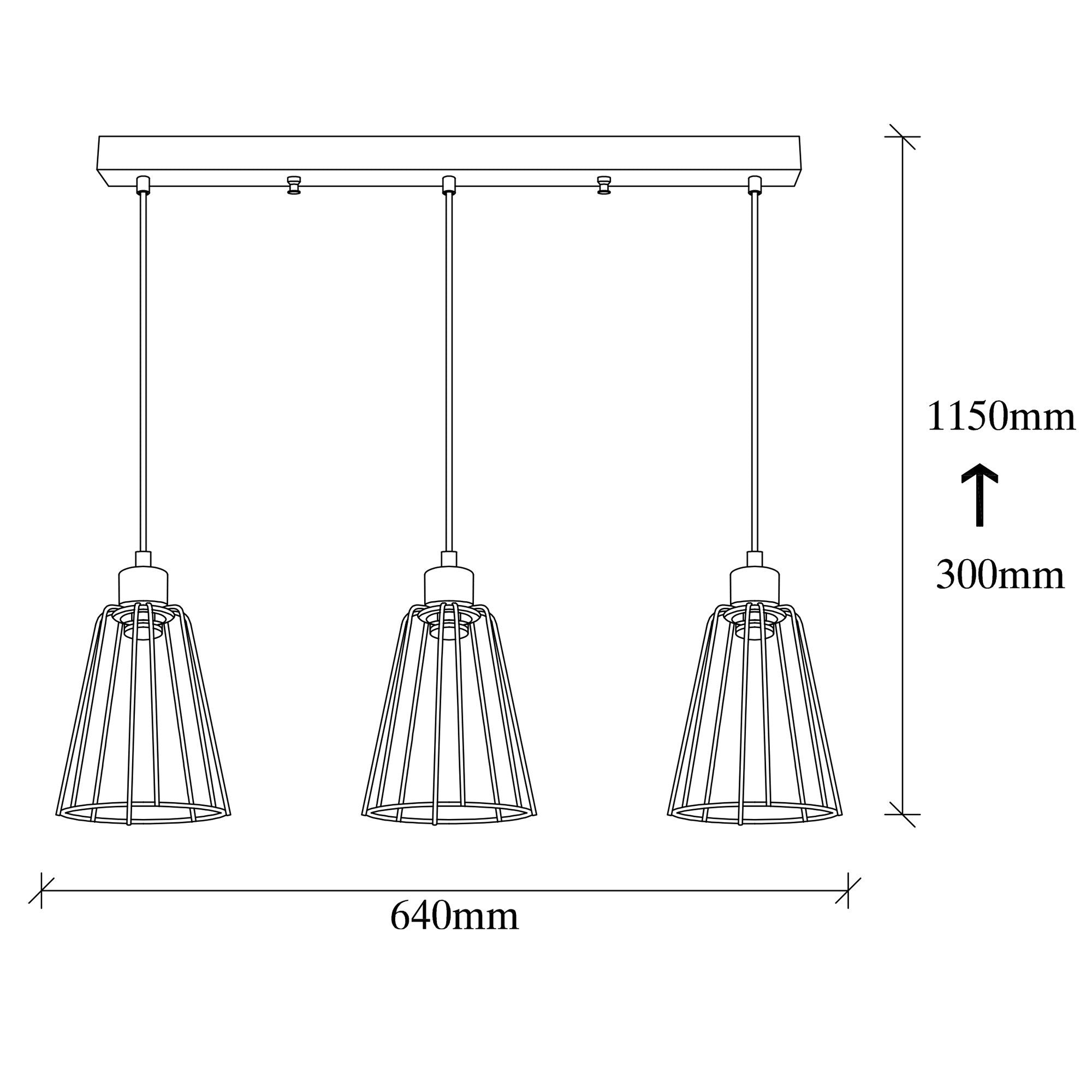 Candeeiro de Teto industrial preto, corpo de metal, 64 x 15 cm, altura 115 cm, ajustável, 3 x E27 máx. 40 W, design elegante e nostálgico para espaços modernos