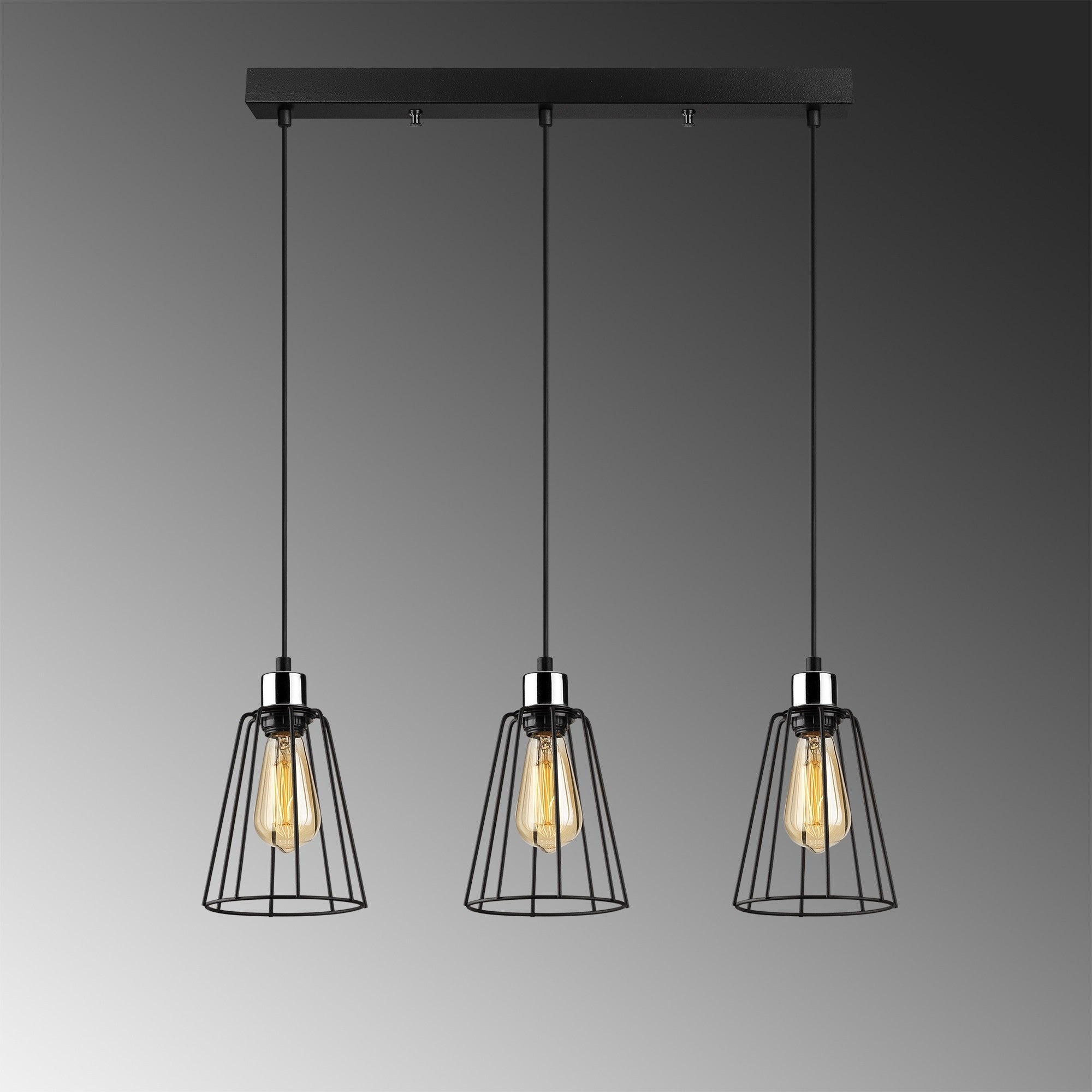 Candeeiro de Teto industrial preto, corpo de metal, 64 x 15 cm, altura 115 cm, ajustável, 3 x E27 máx. 40 W, design elegante e nostálgico para espaços modernos