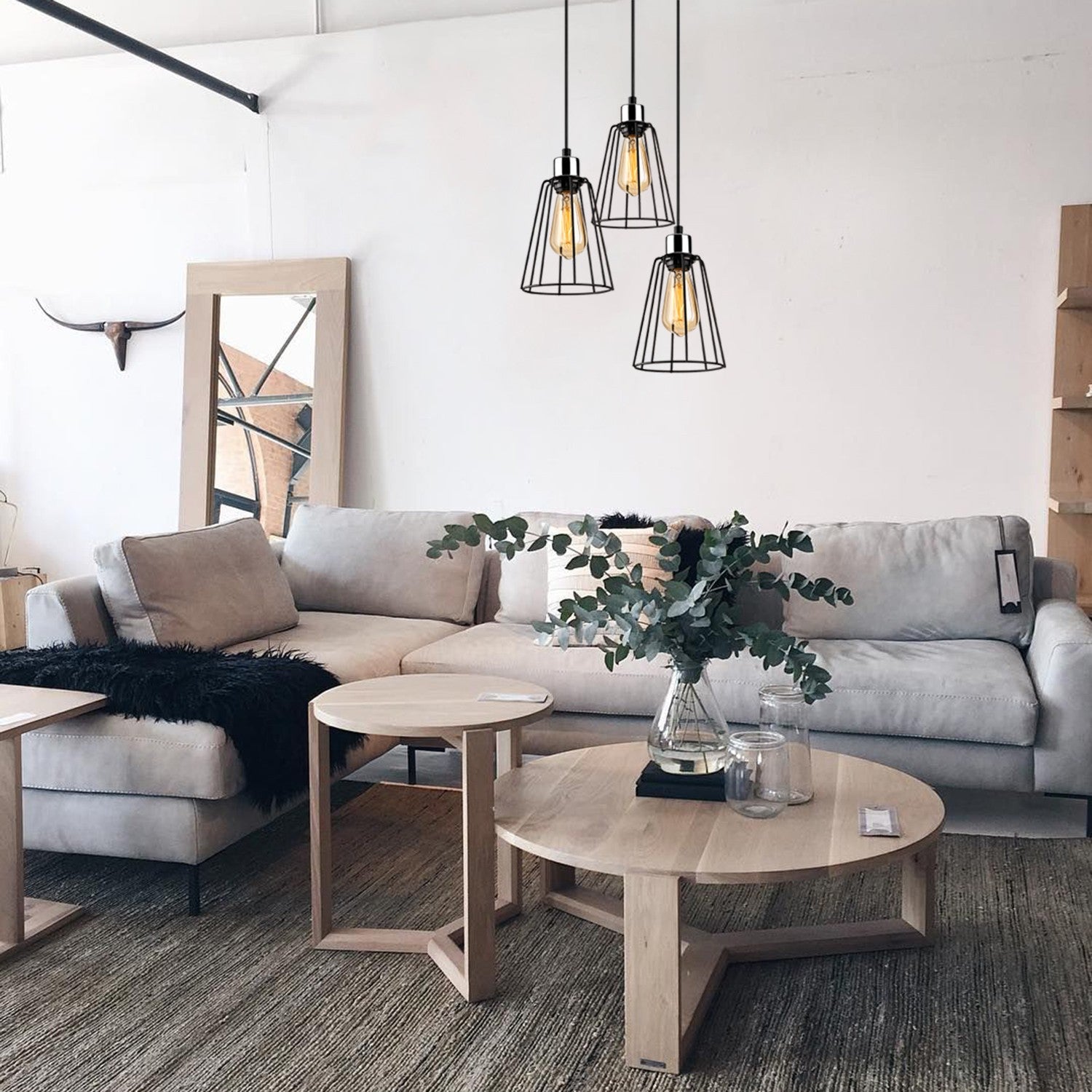 Candeeiro de Teto industrial preto, 34 cm de diâmetro, altura ajustável, corpo de metal, 3 soquetes E27, design elegante e nostálgico para espaços modernos