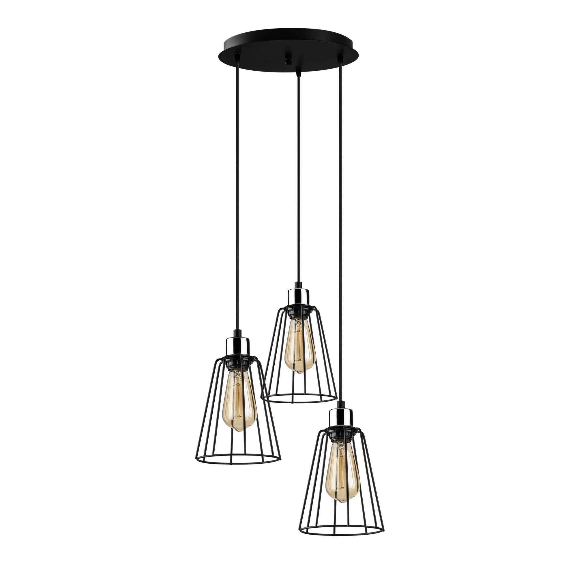 Candeeiro de Teto industrial preto, 34 cm de diâmetro, altura ajustável, corpo de metal, 3 soquetes E27, design elegante e nostálgico para espaços modernos