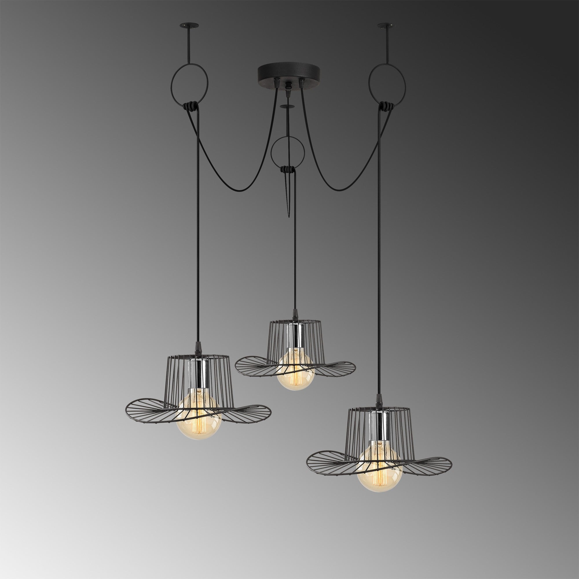 Candeeiro de Teto preto moderno, 118 cm de diâmetro, altura ajustável, corpo de metal, 3 soquetes E27, design elegante para casa e escritório | Classificação IP20