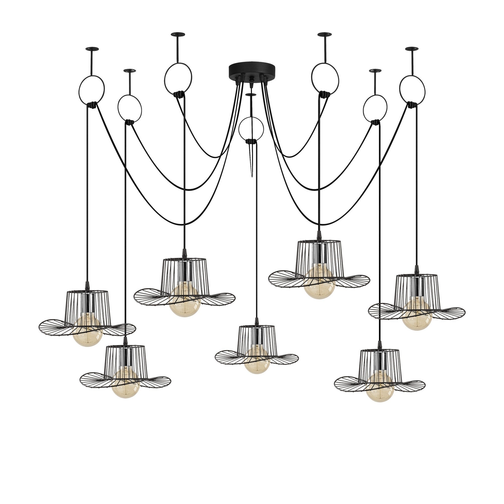 Candeeiro de Teto preto moderno, 158 cm de diâmetro, altura ajustável, corpo de ferro, 7 soquetes E27, design elegante para casa e escritório | Classificação IP20