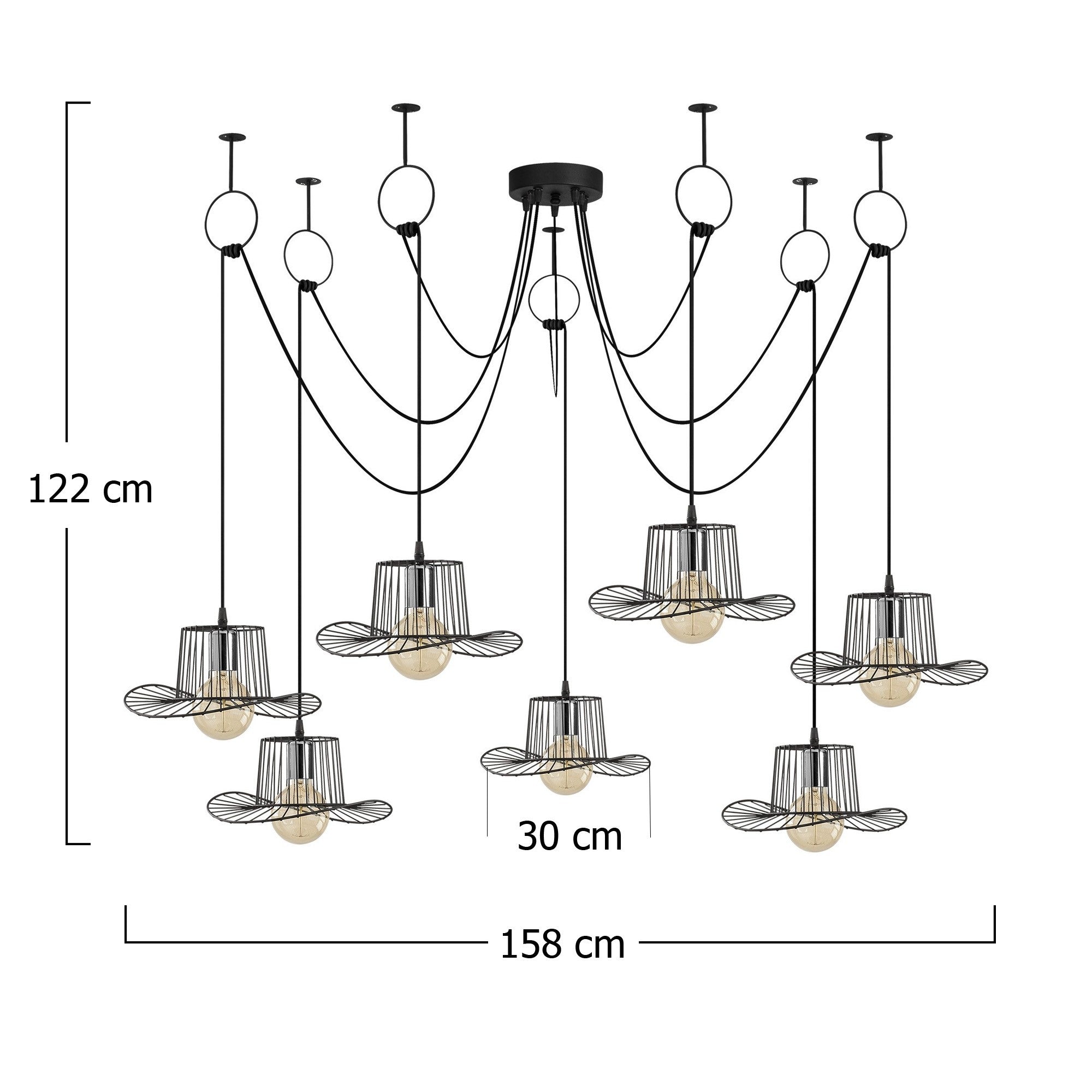 Candeeiro de Teto preto moderno, 158 cm de diâmetro, altura ajustável, corpo de ferro, 7 soquetes E27, design elegante para casa e escritório | Classificação IP20