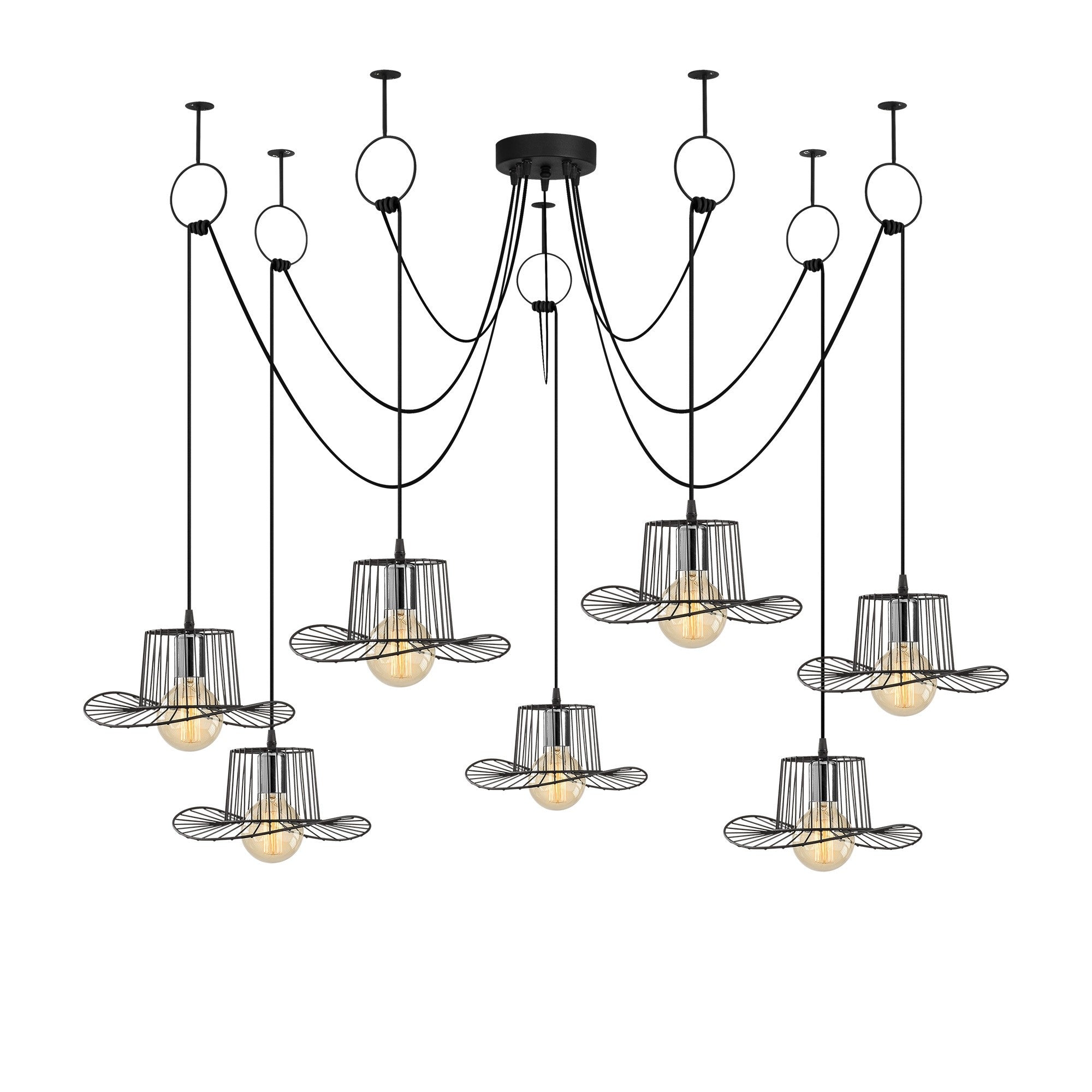 Candeeiro de Teto preto moderno, 158 cm de diâmetro, altura ajustável, corpo de ferro, 7 soquetes E27, design elegante para casa e escritório | Classificação IP20