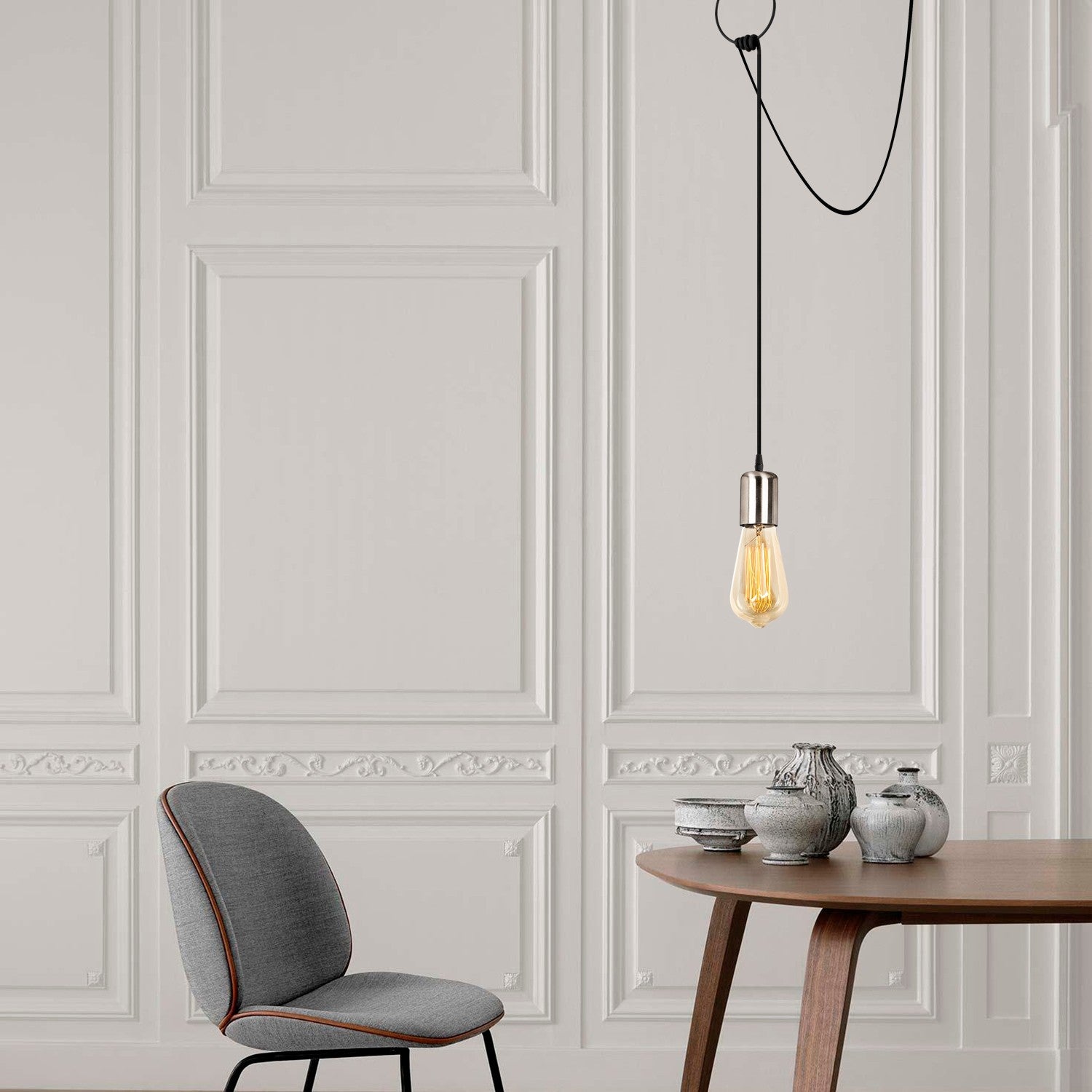 Candeeiro de Teto – 111 cm – Preto e Níquel – Ferro