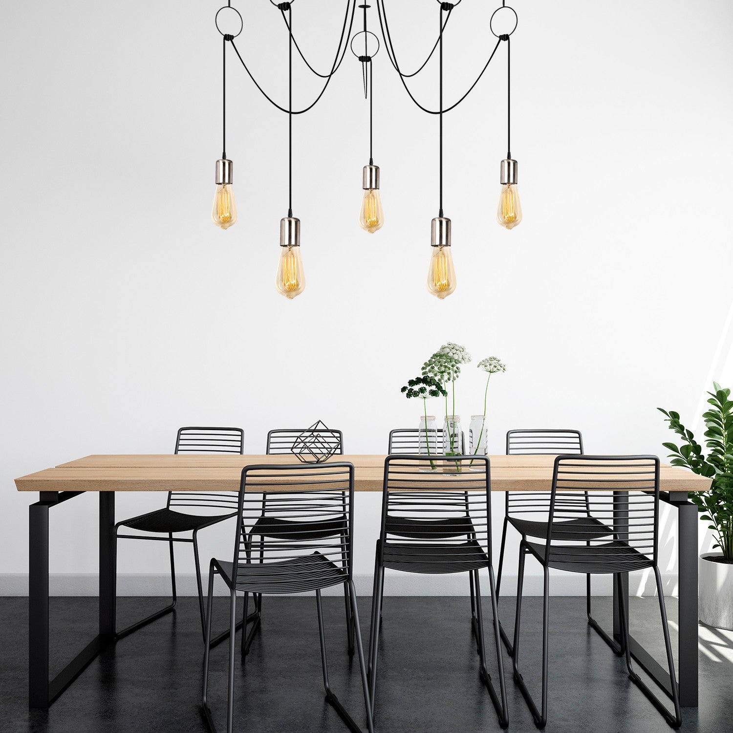 Candeeiro de Teto Elegante Preto e Níquel, 100 cm de Diâmetro, Altura Ajustável, 5 Soquetes E27 | Iluminação Elegante para Espaços Modernos, Inclui Instruções de Instalação