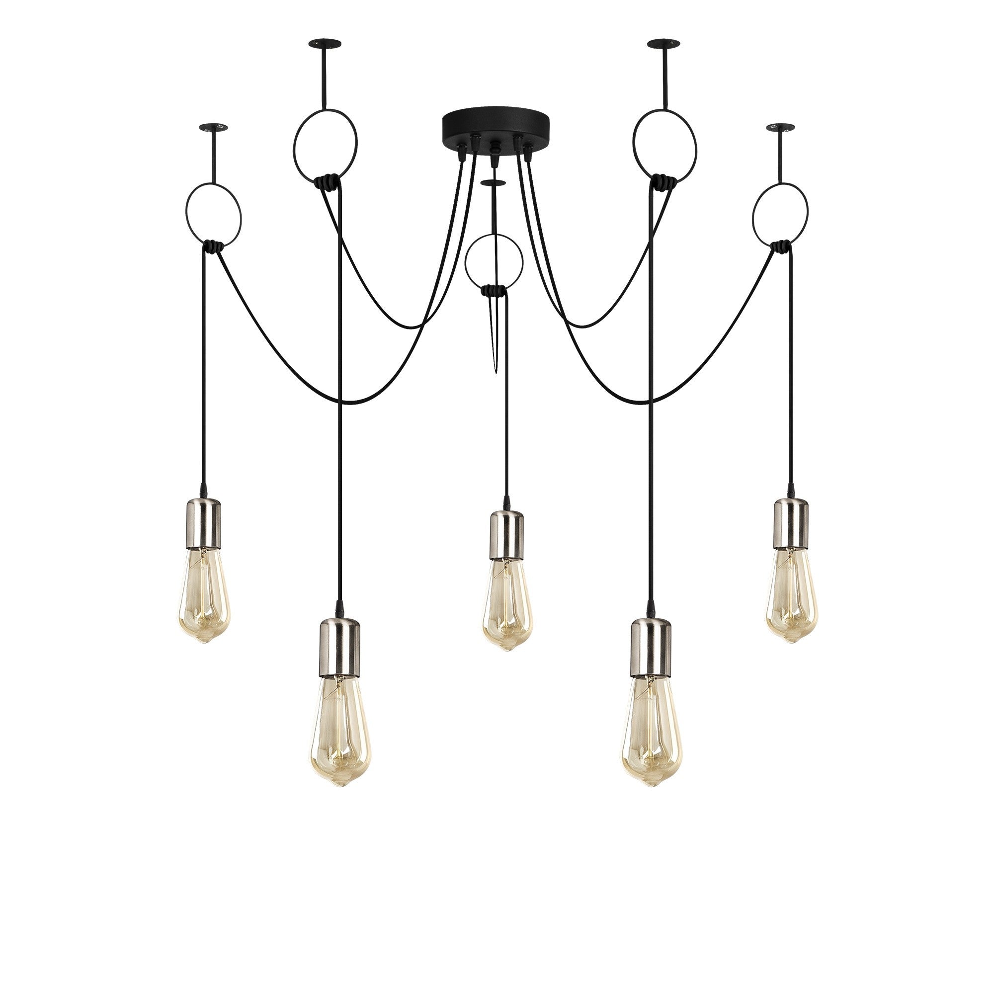 Candeeiro de Teto Elegante Preto e Níquel, 100 cm de Diâmetro, Altura Ajustável, 5 Soquetes E27 | Iluminação Elegante para Espaços Modernos, Inclui Instruções de Instalação