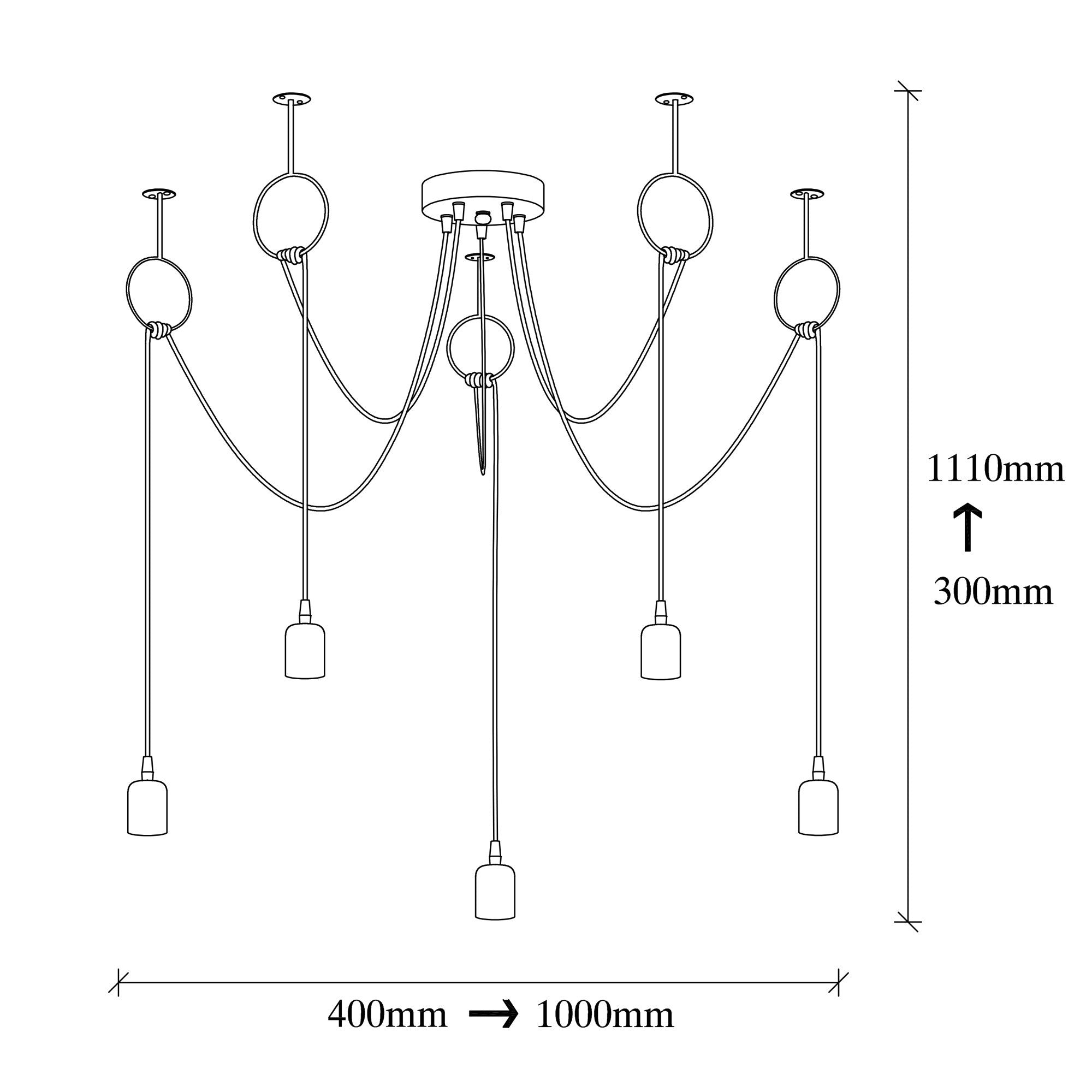 Candeeiro de Teto Elegante Preto e Níquel, 100 cm de Diâmetro, Altura Ajustável, 5 Soquetes E27 | Iluminação Elegante para Espaços Modernos, Inclui Instruções de Instalação