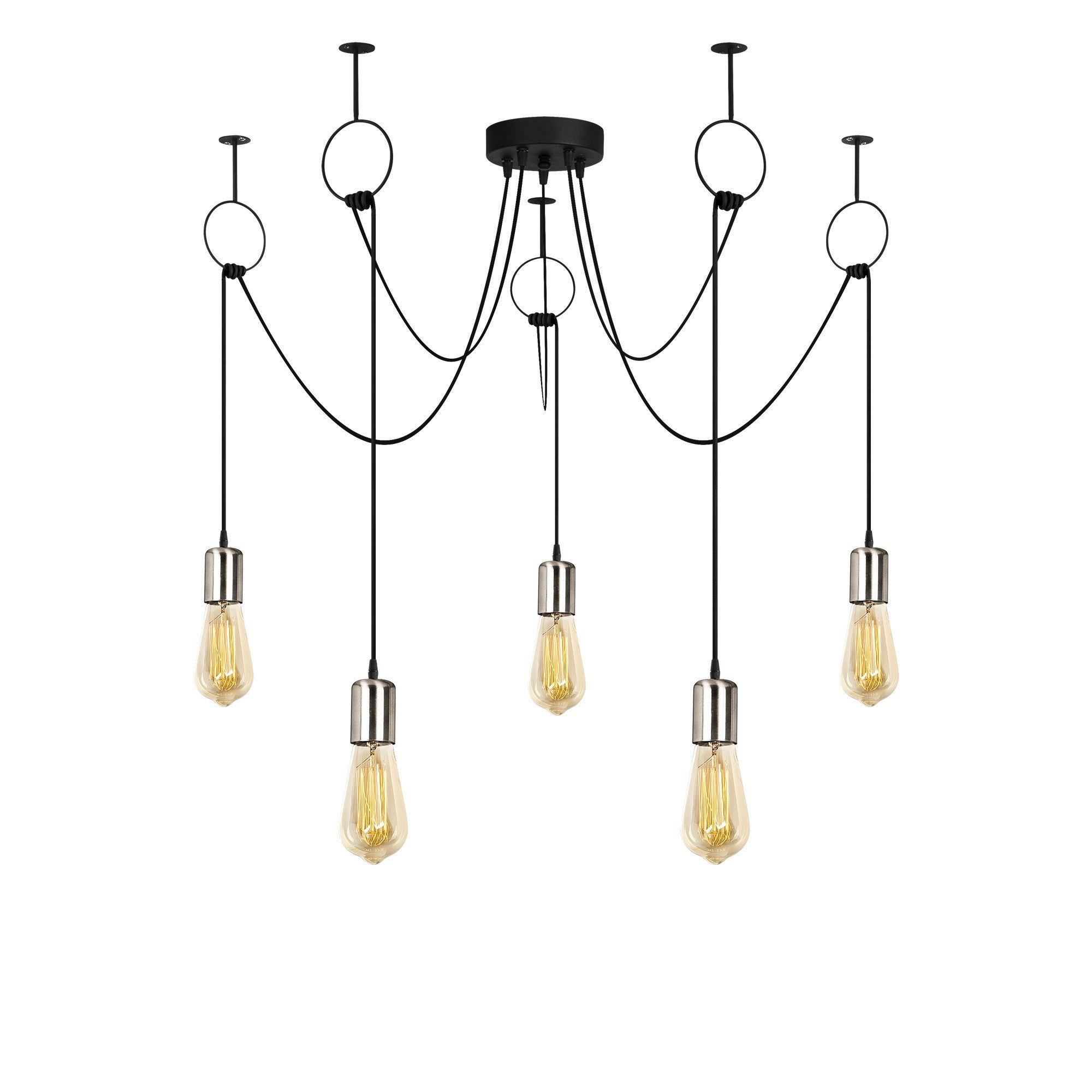 Candeeiro de Teto Elegante Preto e Níquel, 100 cm de Diâmetro, Altura Ajustável, 5 Soquetes E27 | Iluminação Elegante para Espaços Modernos, Inclui Instruções de Instalação