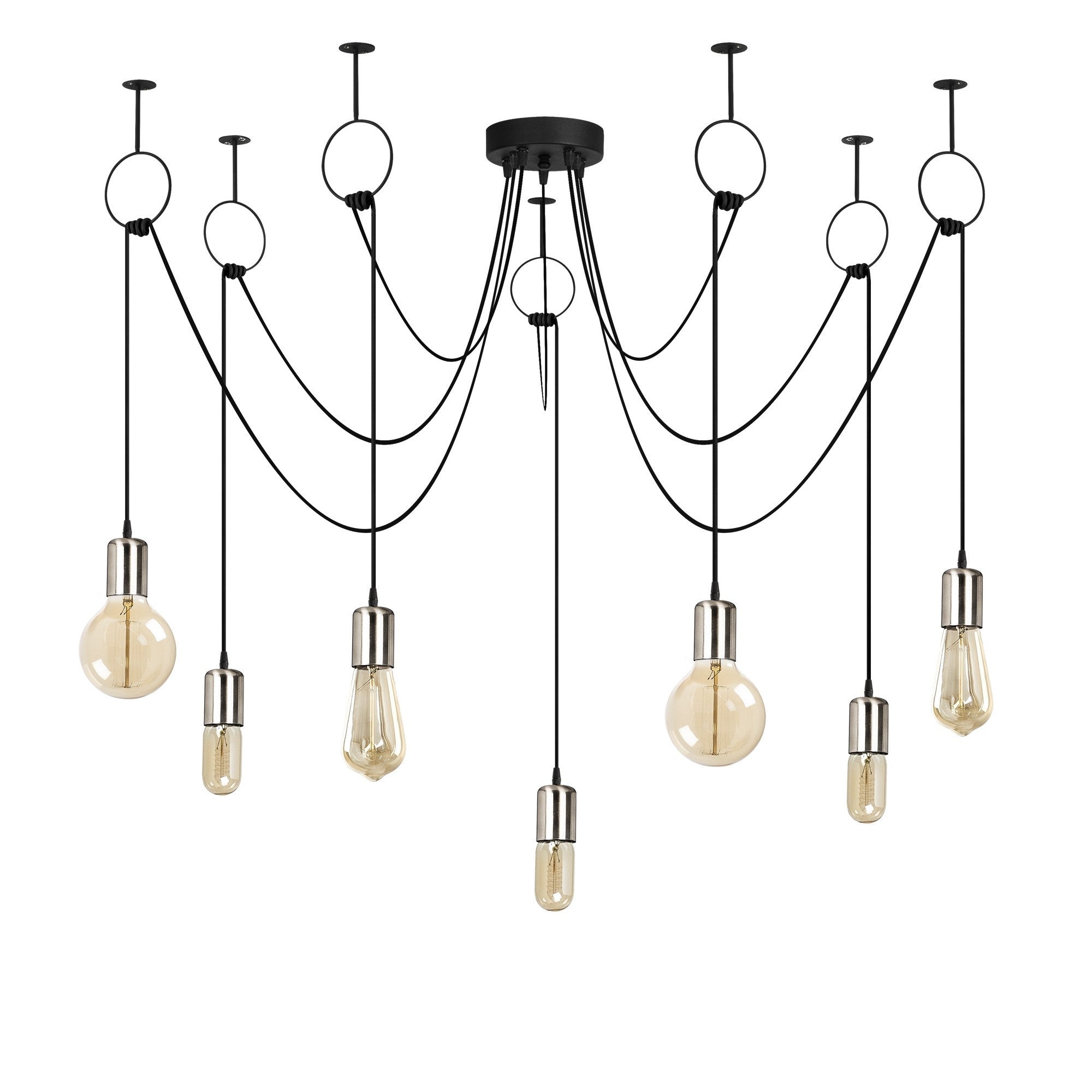 Candeeiro de Teto elegante preto e níquel, 120 cm de diâmetro, altura ajustável, 7 x E27 máx. 40 W | Design elegante em cores sólidas para espaços modernos | Classificação IP20