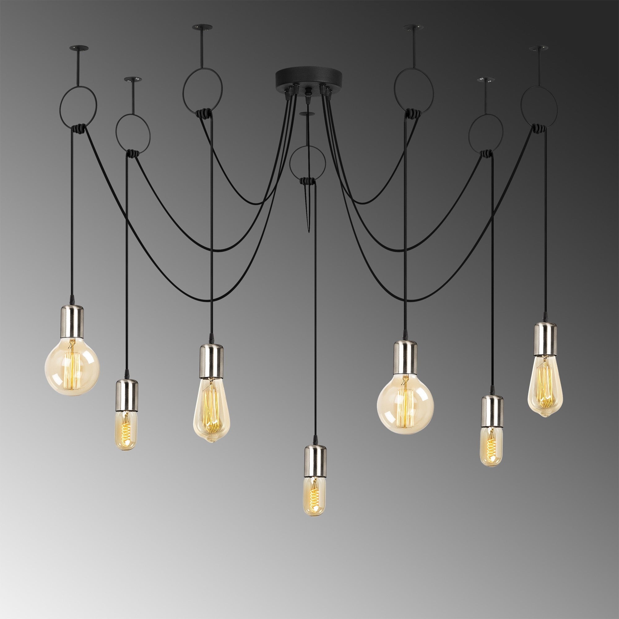 Candeeiro de Teto elegante preto e níquel, 120 cm de diâmetro, altura ajustável, 7 x E27 máx. 40 W | Design elegante em cores sólidas para espaços modernos | Classificação IP20