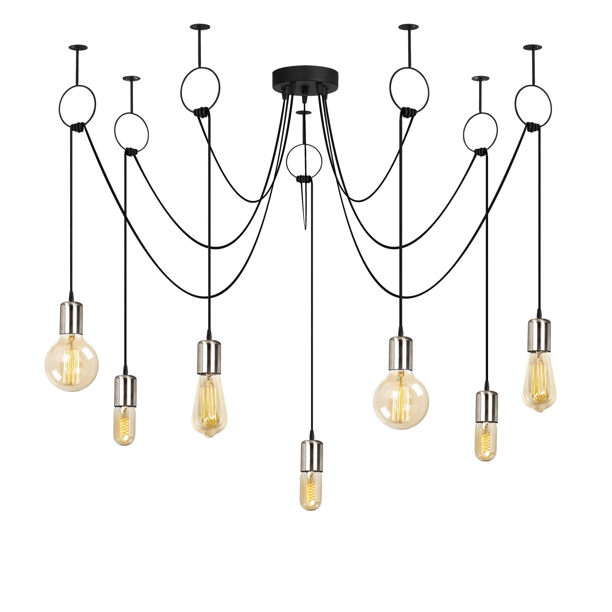 Candeeiro de Teto elegante preto e níquel, 120 cm de diâmetro, altura ajustável, 7 x E27 máx. 40 W | Design elegante em cores sólidas para espaços modernos | Classificação IP20