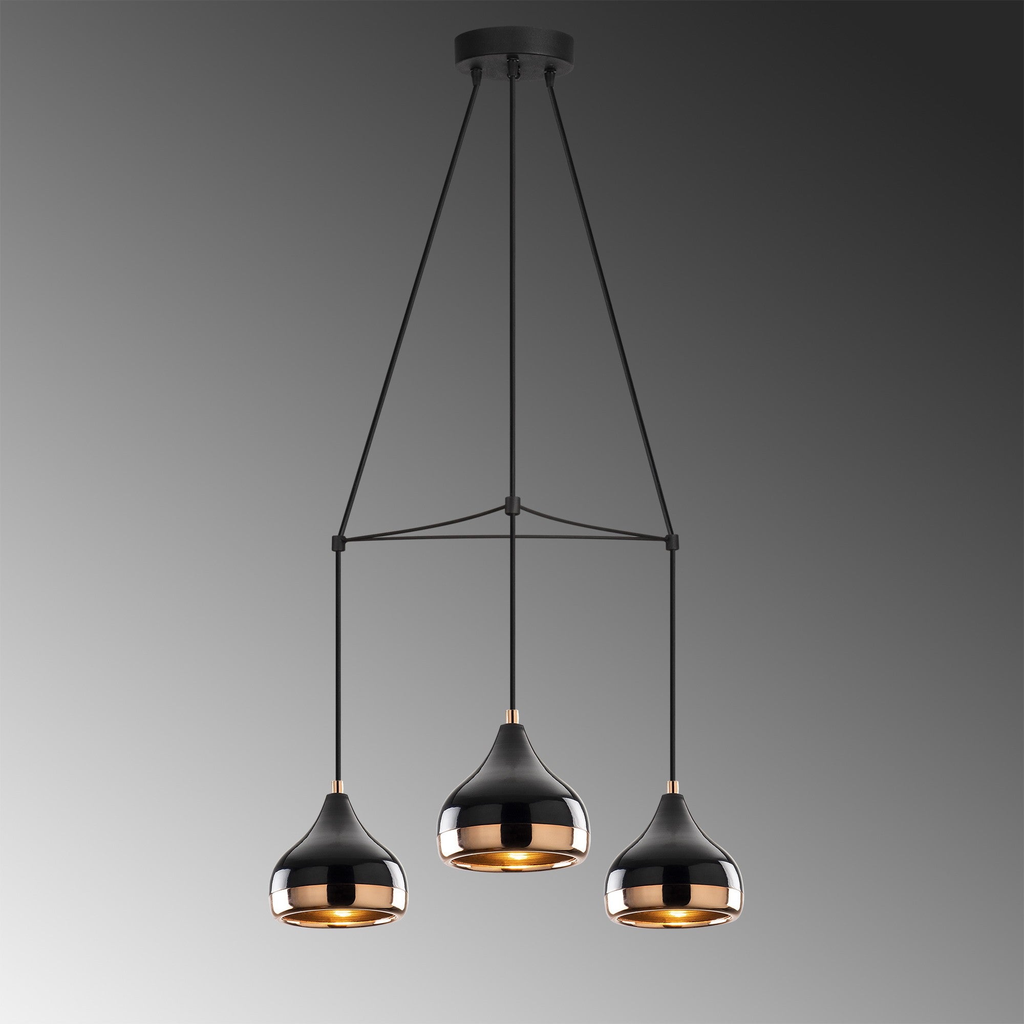 Candeeiro de Teto moderno, preto e cobre, 54 cm de diâmetro, 174 cm de altura | Ajustável, 3 x E27 máx. 40 W | Iluminação elegante para decoração glamourosa e escandinava