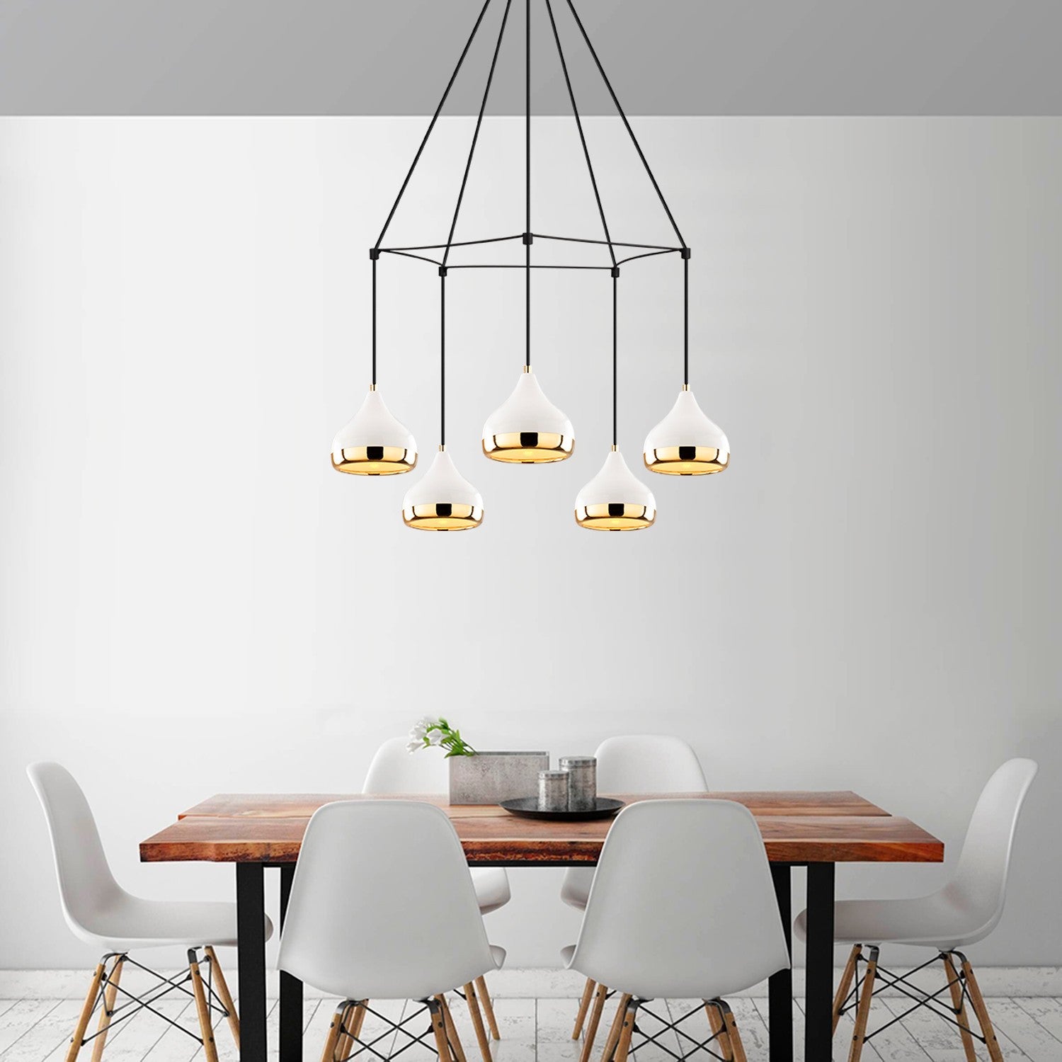 Candeeiro de Teto moderno com corpo de metal, 68 cm de diâmetro, altura ajustável, branco, preto e dourado | 5 x E27 máx. 40 W | Design glamouroso e escandinavo para espaços elegantes
