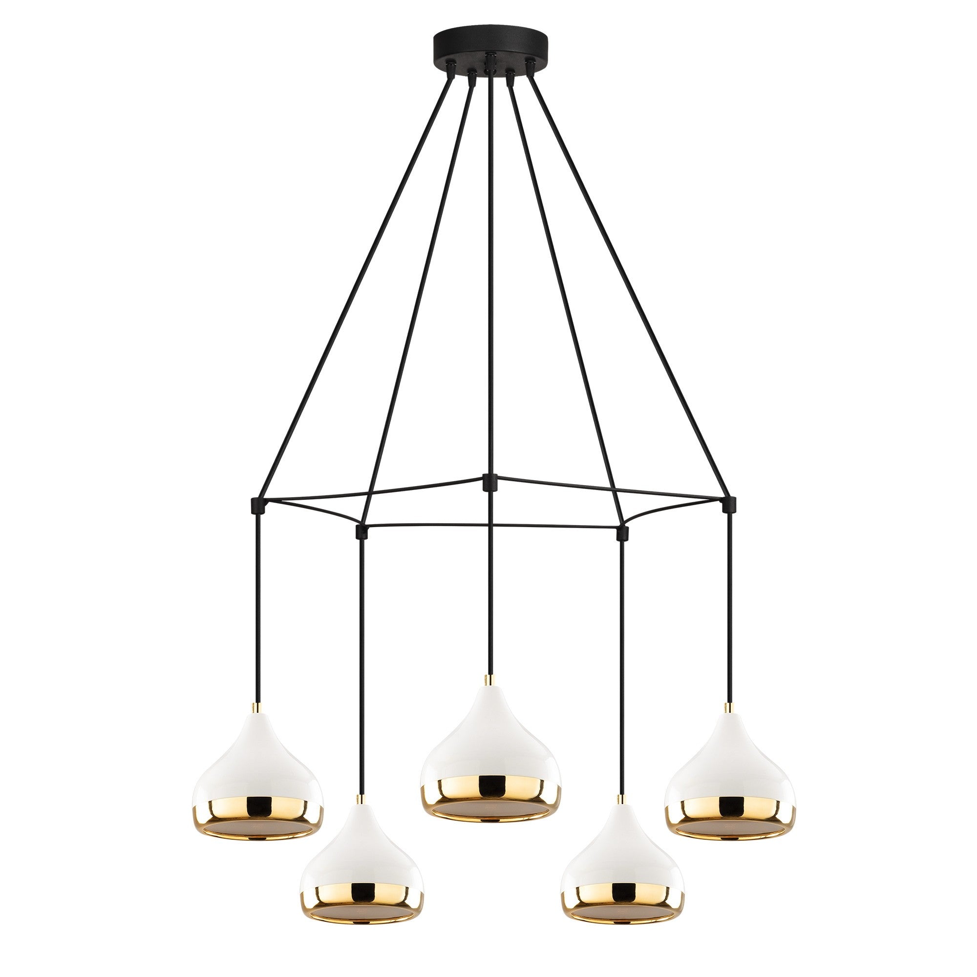 Candeeiro de Teto moderno com corpo de metal, 68 cm de diâmetro, altura ajustável, branco, preto e dourado | 5 x E27 máx. 40 W | Design glamouroso e escandinavo para espaços elegantes