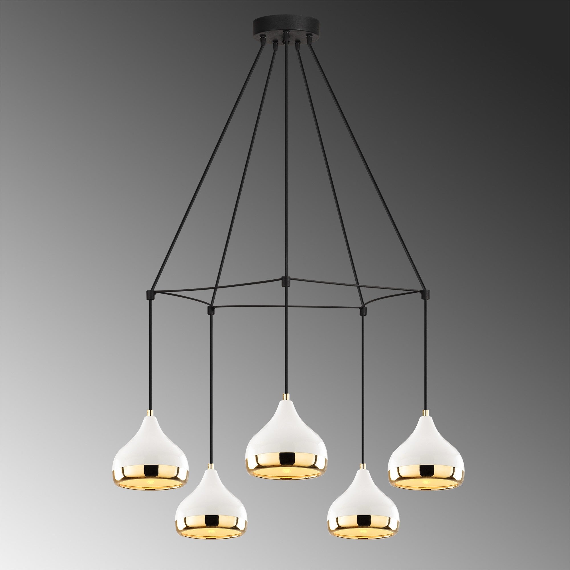 Candeeiro de Teto moderno com corpo de metal, 68 cm de diâmetro, altura ajustável, branco, preto e dourado | 5 x E27 máx. 40 W | Design glamouroso e escandinavo para espaços elegantes
