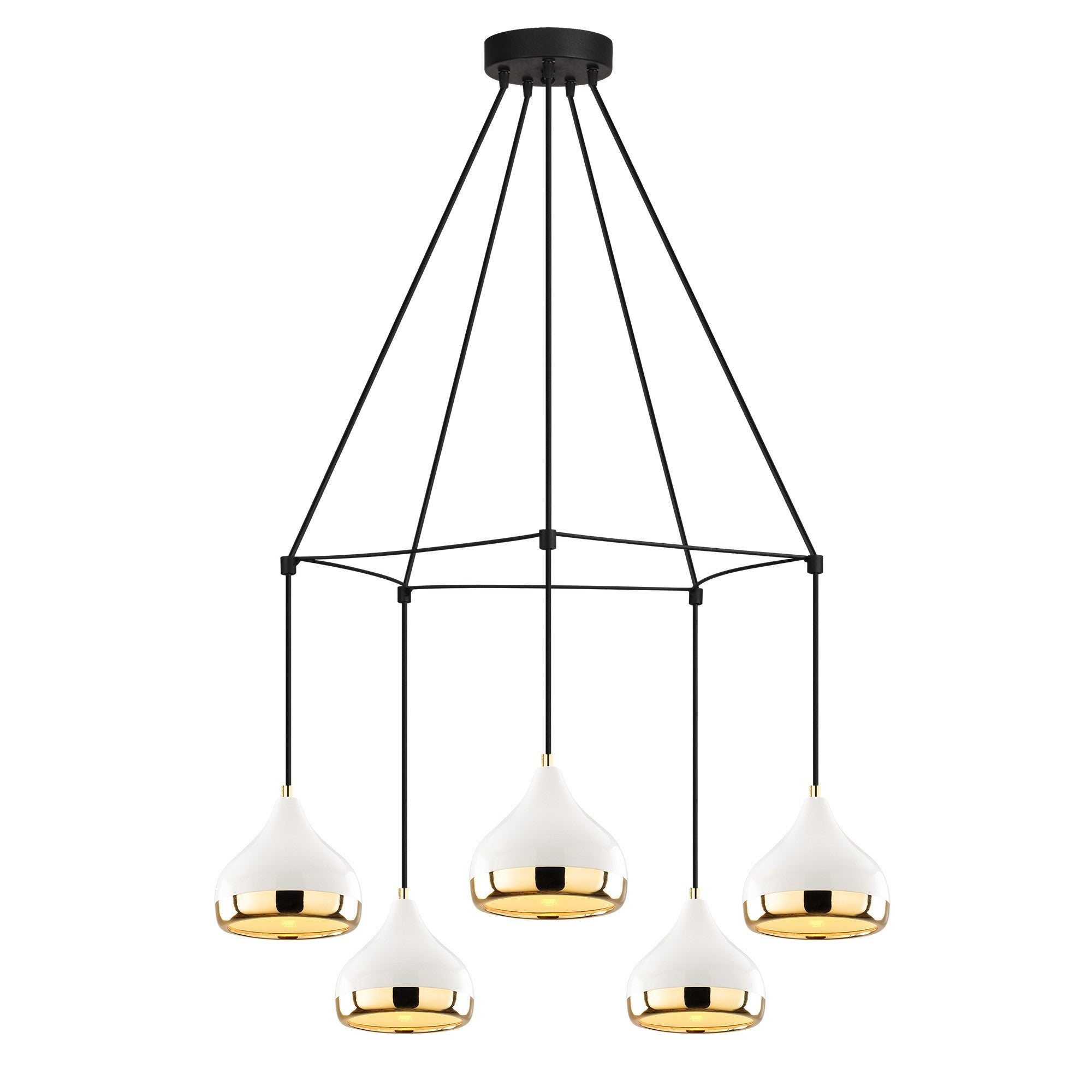 Candeeiro de Teto moderno com corpo de metal, 68 cm de diâmetro, altura ajustável, branco, preto e dourado | 5 x E27 máx. 40 W | Design glamouroso e escandinavo para espaços elegantes