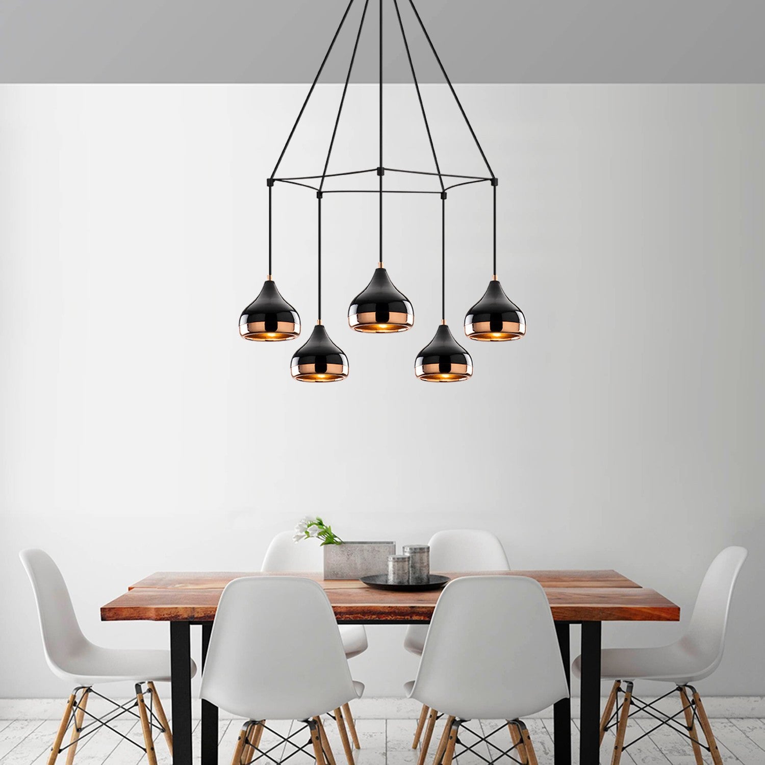 Candeeiro de Teto moderno com corpo de metal, preto e cobre, 68 cm de diâmetro, altura ajustável, 5 soquetes E27 | Design escandinavo elegante para decoração de casa