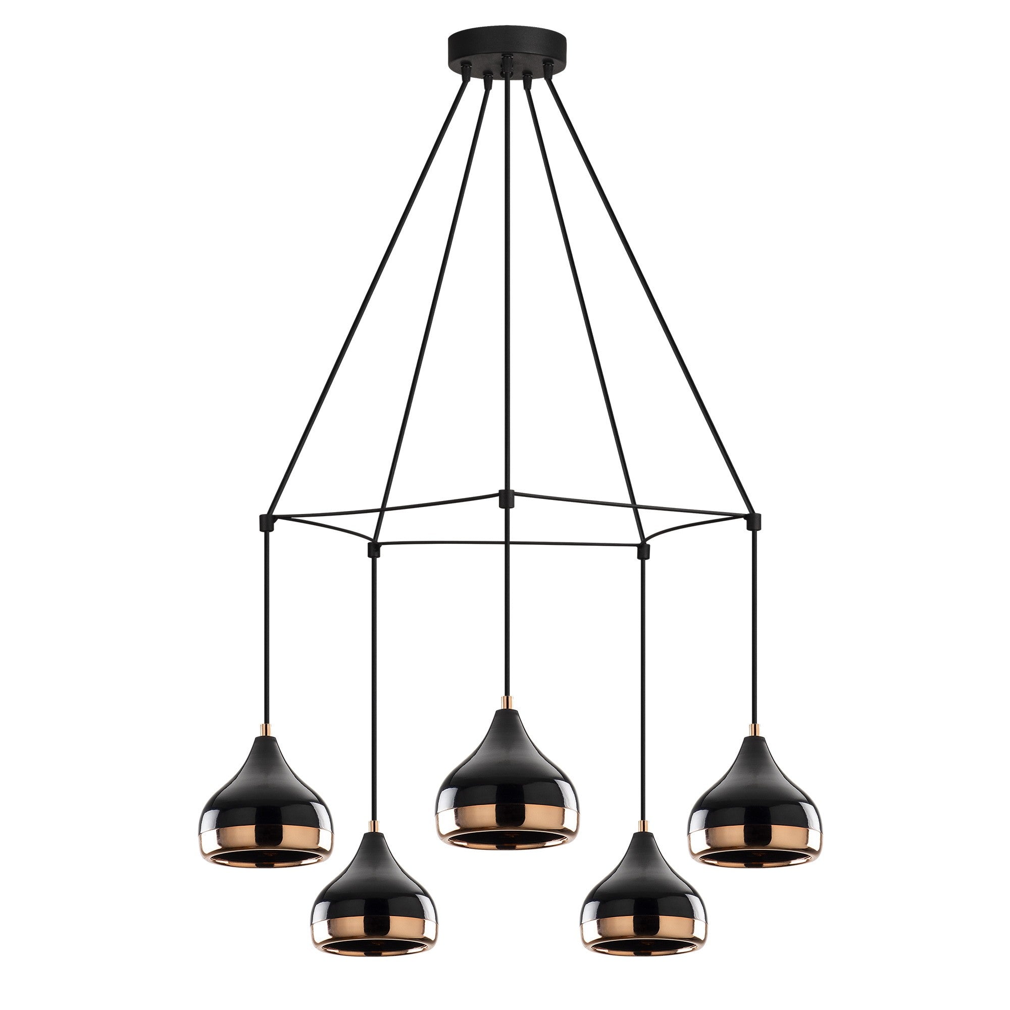Candeeiro de Teto moderno com corpo de metal, preto e cobre, 68 cm de diâmetro, altura ajustável, 5 soquetes E27 | Design escandinavo elegante para decoração de casa