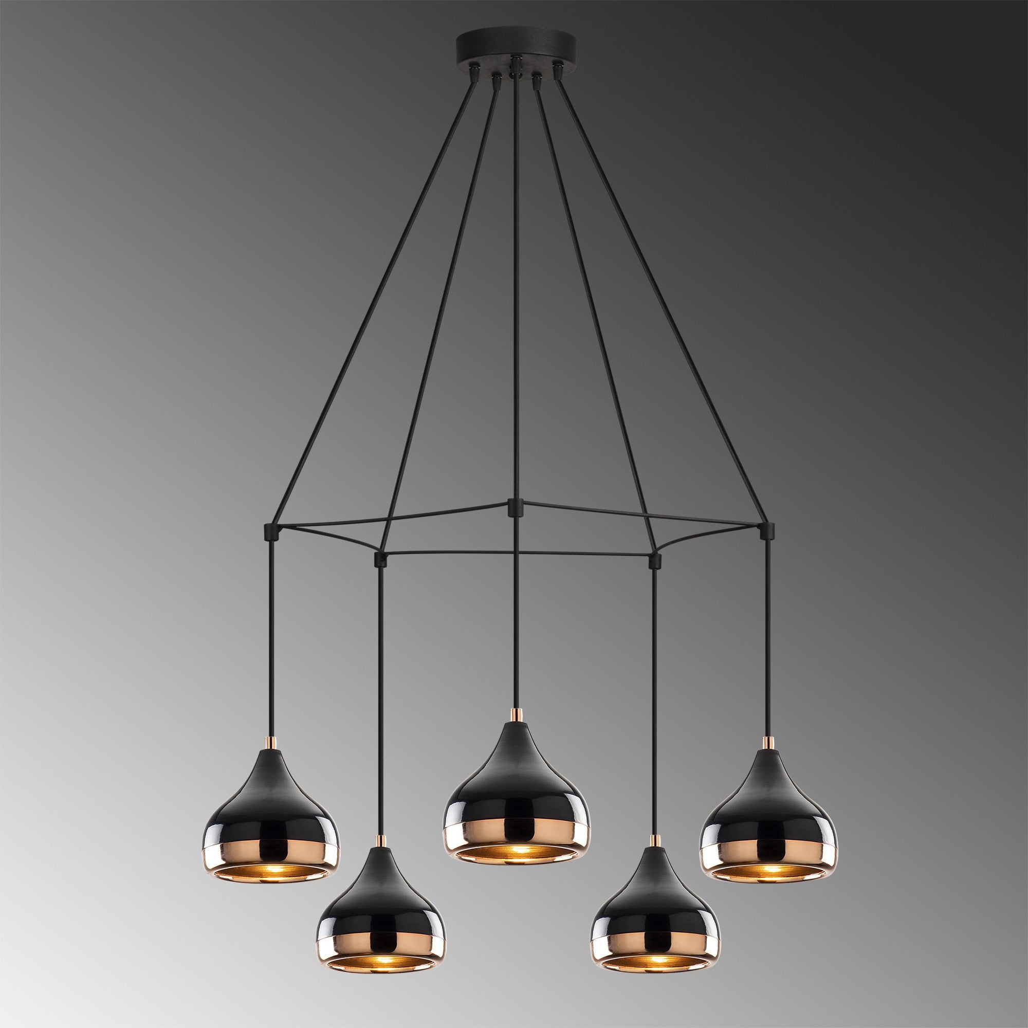 Candeeiro de Teto moderno com corpo de metal, preto e cobre, 68 cm de diâmetro, altura ajustável, 5 soquetes E27 | Design escandinavo elegante para decoração de casa