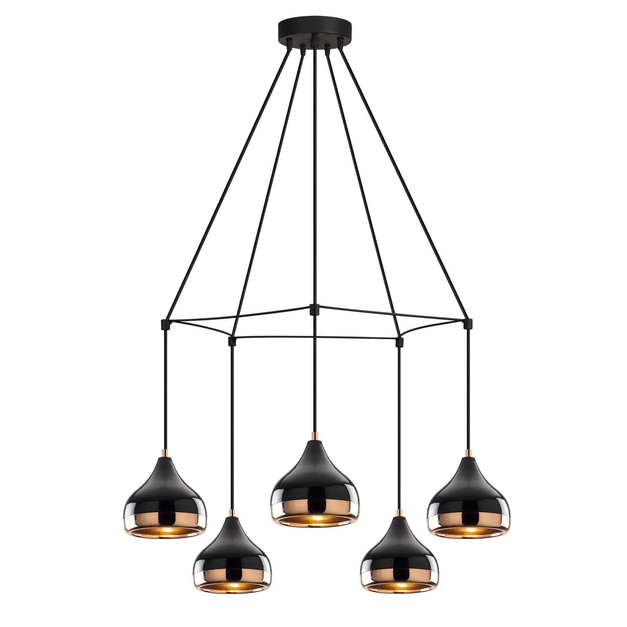 Candeeiro de Teto moderno com corpo de metal, preto e cobre, 68 cm de diâmetro, altura ajustável, 5 soquetes E27 | Design escandinavo elegante para decoração de casa