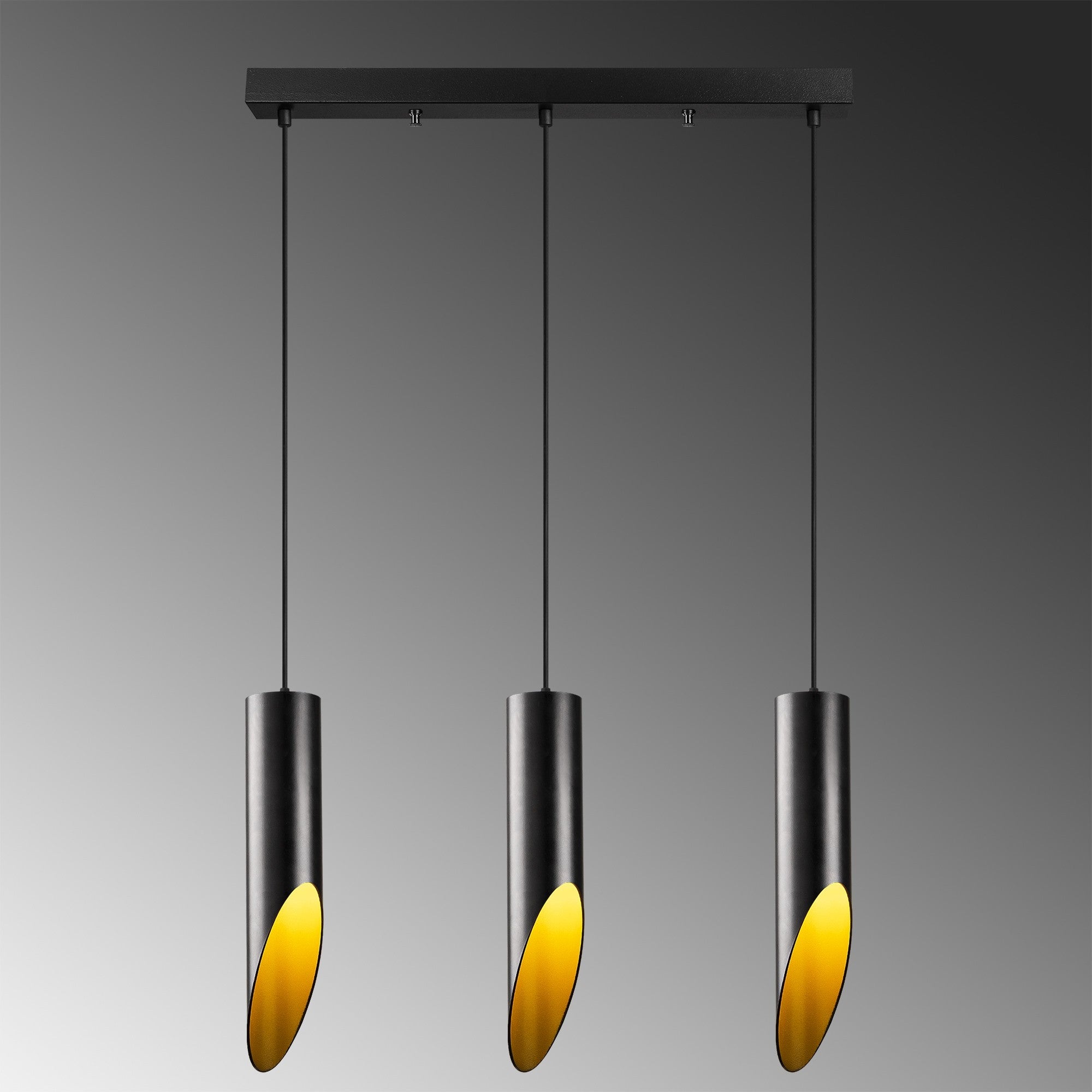 Candeeiro de Teto Industrial Moderno, Preto e Dourado, 138 cm de Altura | Ajustável, Corpo em Metal, 3 Soquetes E27 | Perfeito para Decoração Escandinava e Moderna