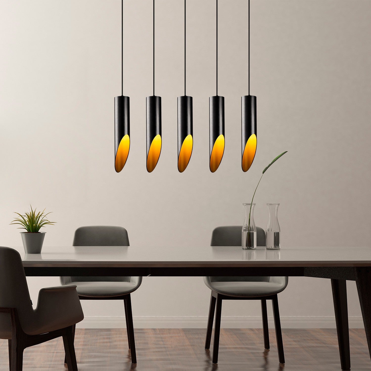 Candeeiro de Teto Industrial Moderno, Preto e Dourado, 138 cm de Altura | Ajustável, Corpo em Metal, 5 Soquetes E27 | Perfeito para Decoração Escandinava e Moderna
