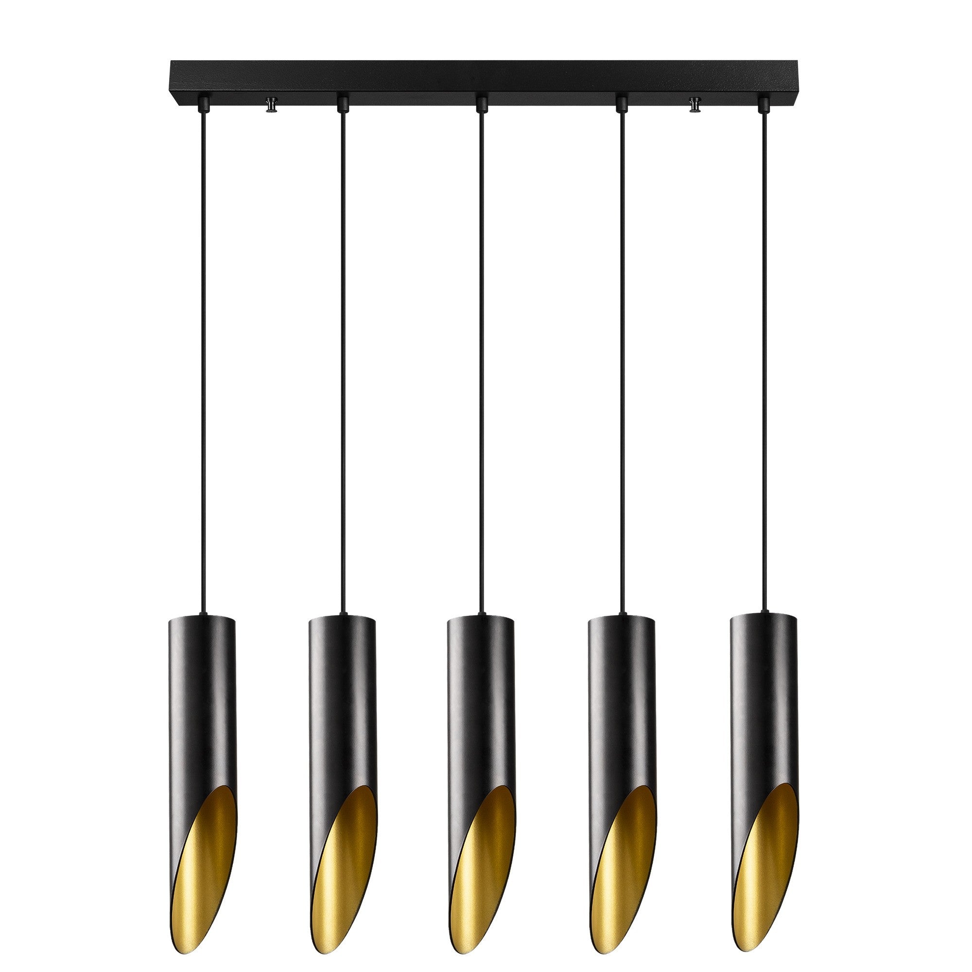 Candeeiro de Teto Industrial Moderno, Preto e Dourado, 138 cm de Altura | Ajustável, Corpo em Metal, 5 Soquetes E27 | Perfeito para Decoração Escandinava e Moderna