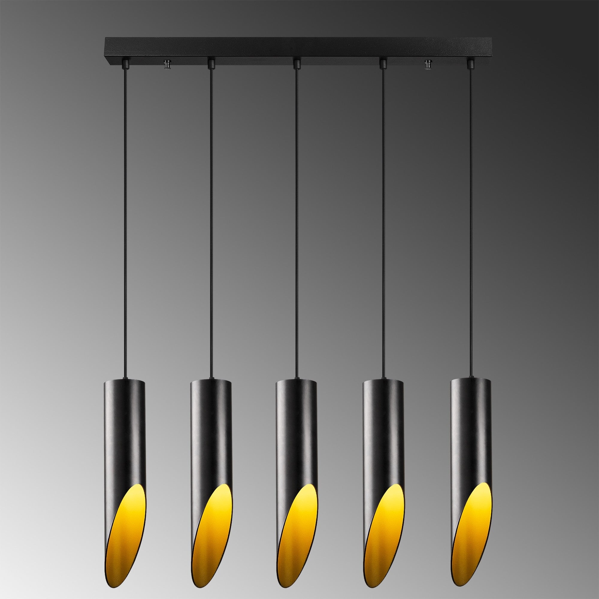 Candeeiro de Teto Industrial Moderno, Preto e Dourado, 138 cm de Altura | Ajustável, Corpo em Metal, 5 Soquetes E27 | Perfeito para Decoração Escandinava e Moderna