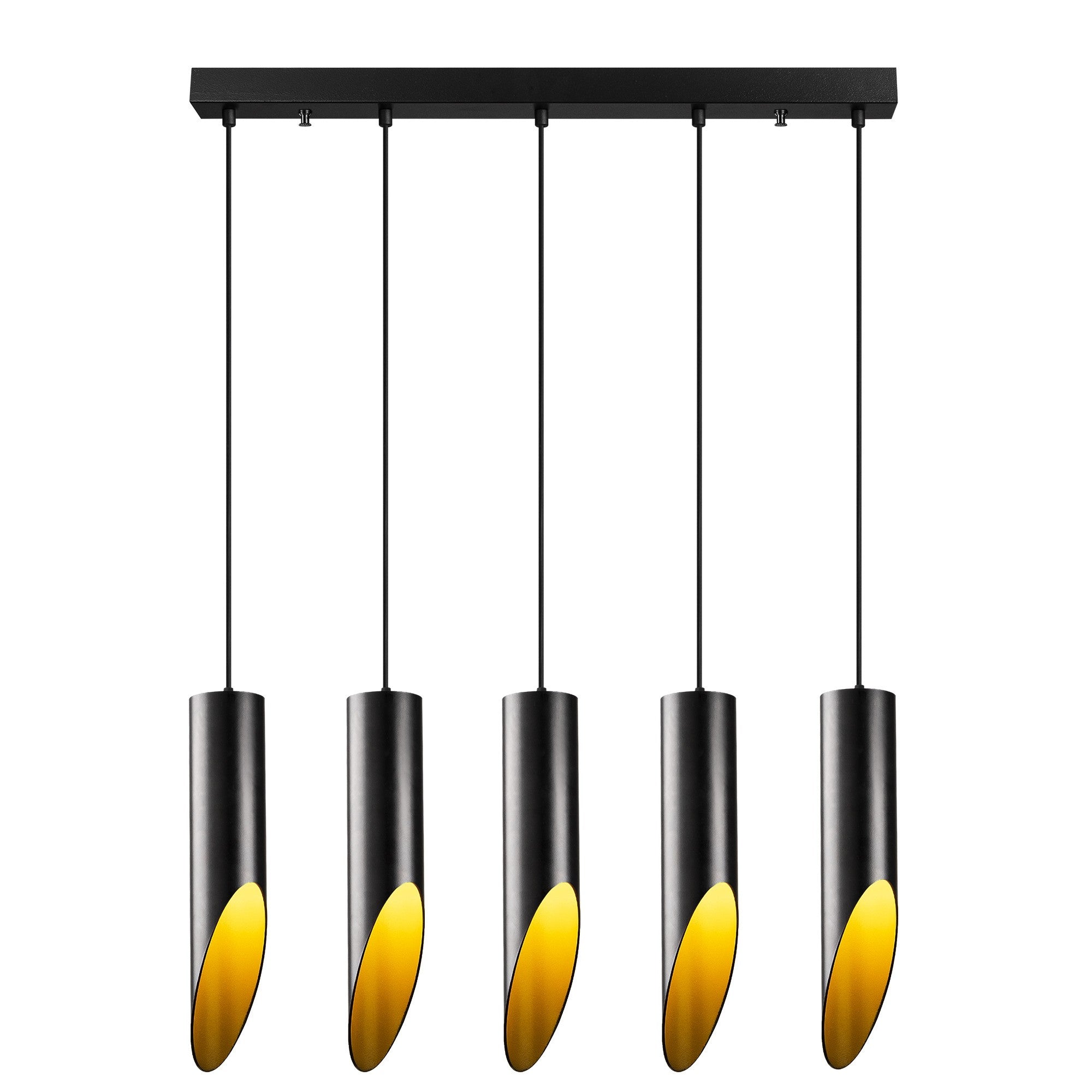 Candeeiro de Teto Industrial Moderno, Preto e Dourado, 138 cm de Altura | Ajustável, Corpo em Metal, 5 Soquetes E27 | Perfeito para Decoração Escandinava e Moderna