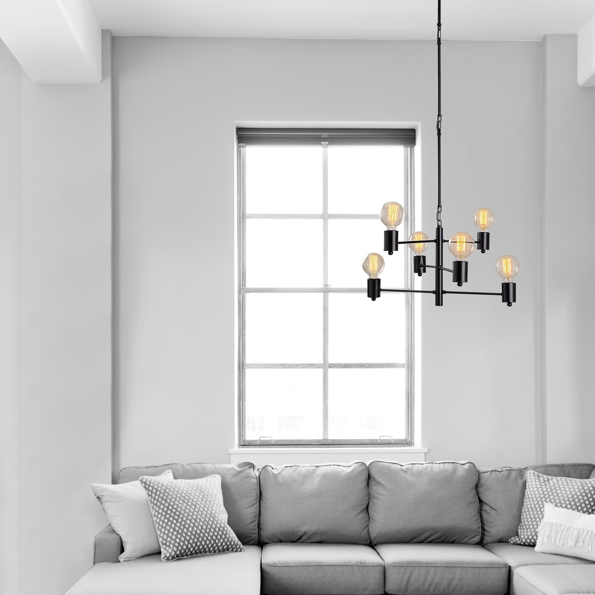 Candeeiro de Teto preto moderno, 61 x 61 cm, altura 146 cm | Corpo de metal, altura ajustável, 6 x E27 máx. 40 W | Design industrial elegante para casa e escritório