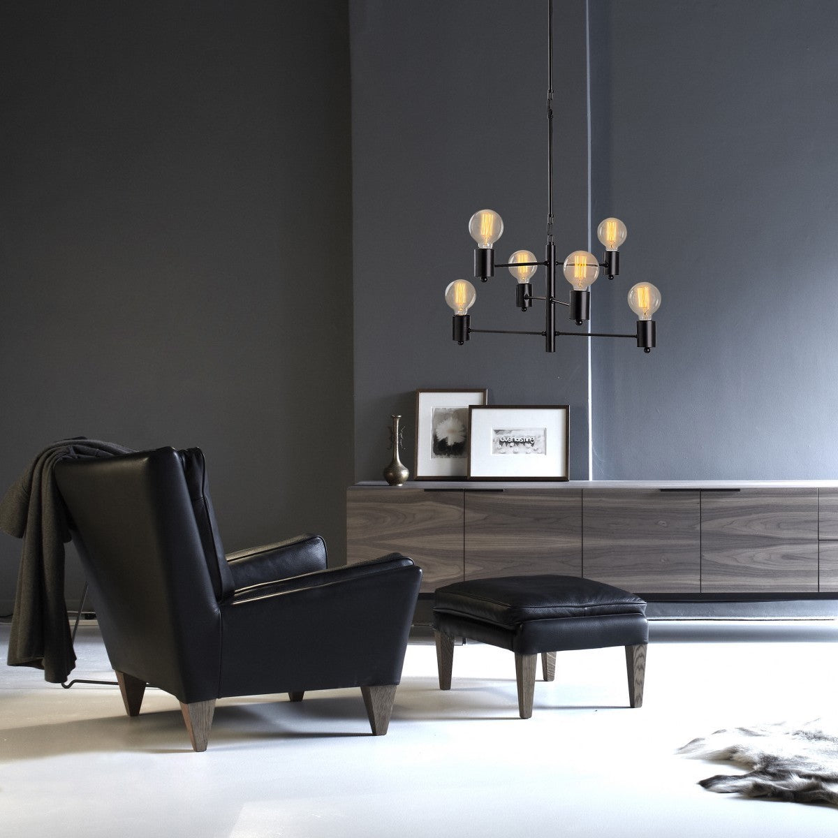 Candeeiro de Teto preto moderno, 61 x 61 cm, altura 146 cm | Corpo de metal, altura ajustável, 6 x E27 máx. 40 W | Design industrial elegante para casa e escritório