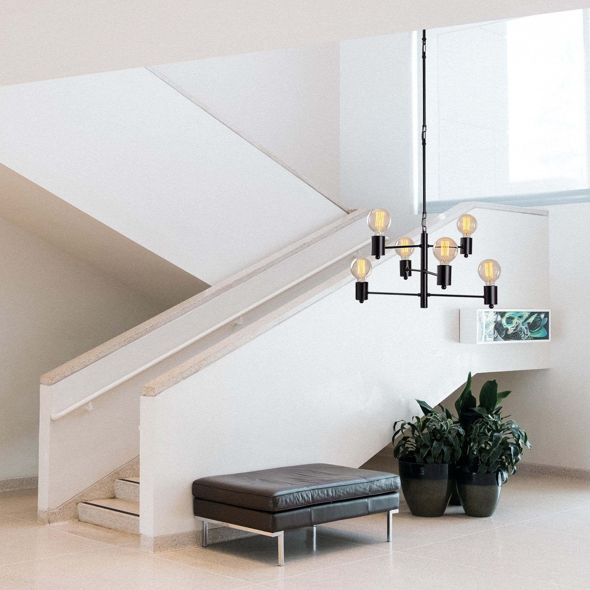 Candeeiro de Teto preto moderno, 61 x 61 cm, altura 146 cm | Corpo de metal, altura ajustável, 6 x E27 máx. 40 W | Design industrial elegante para casa e escritório