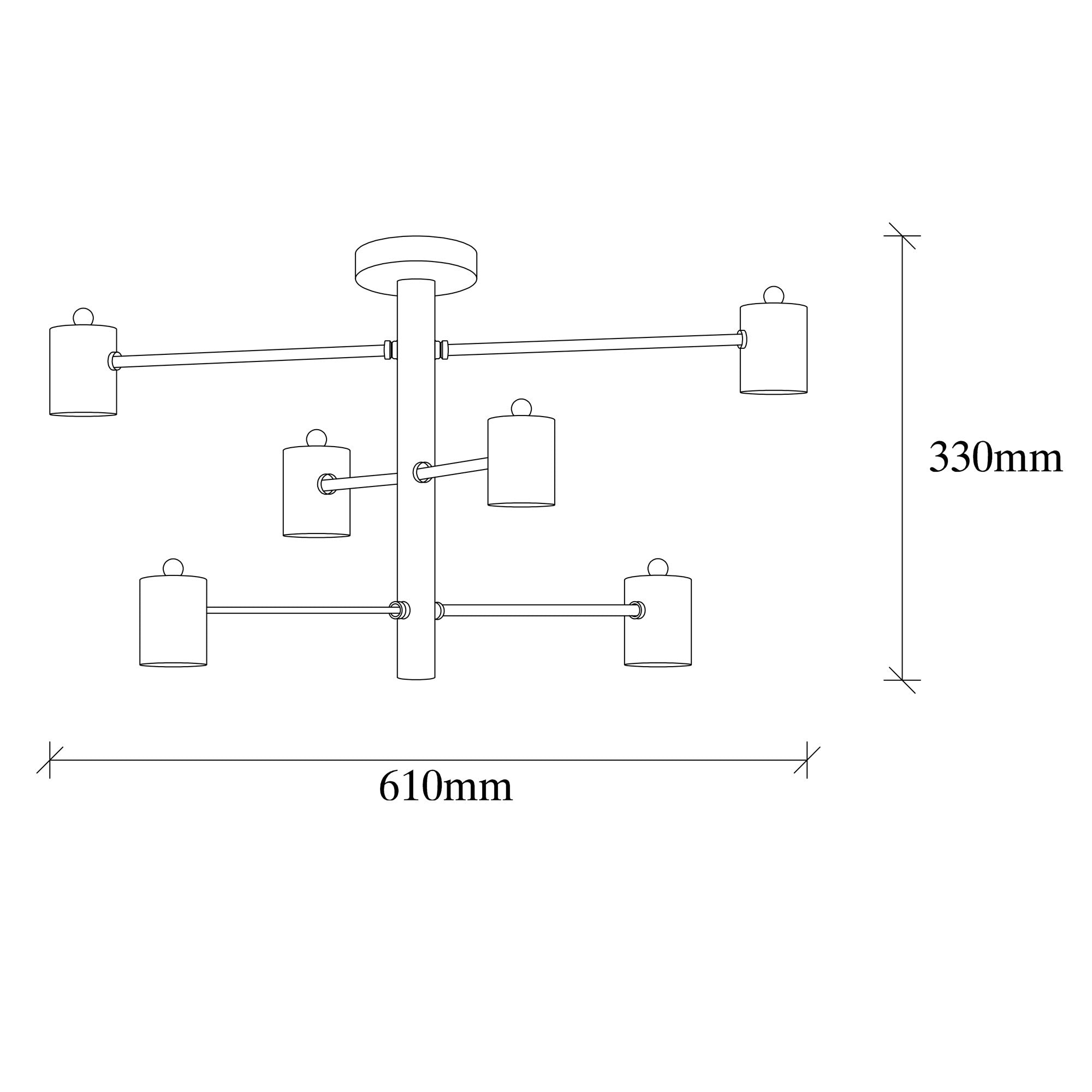 Candeeiro de Teto Preto Moderno, 61 x 61 cm, Corpo em Metal, 6 x E27, Máx. 40 W, Altura 33 cm, IP20 | Design Industrial Elegante para Casa e Escritório