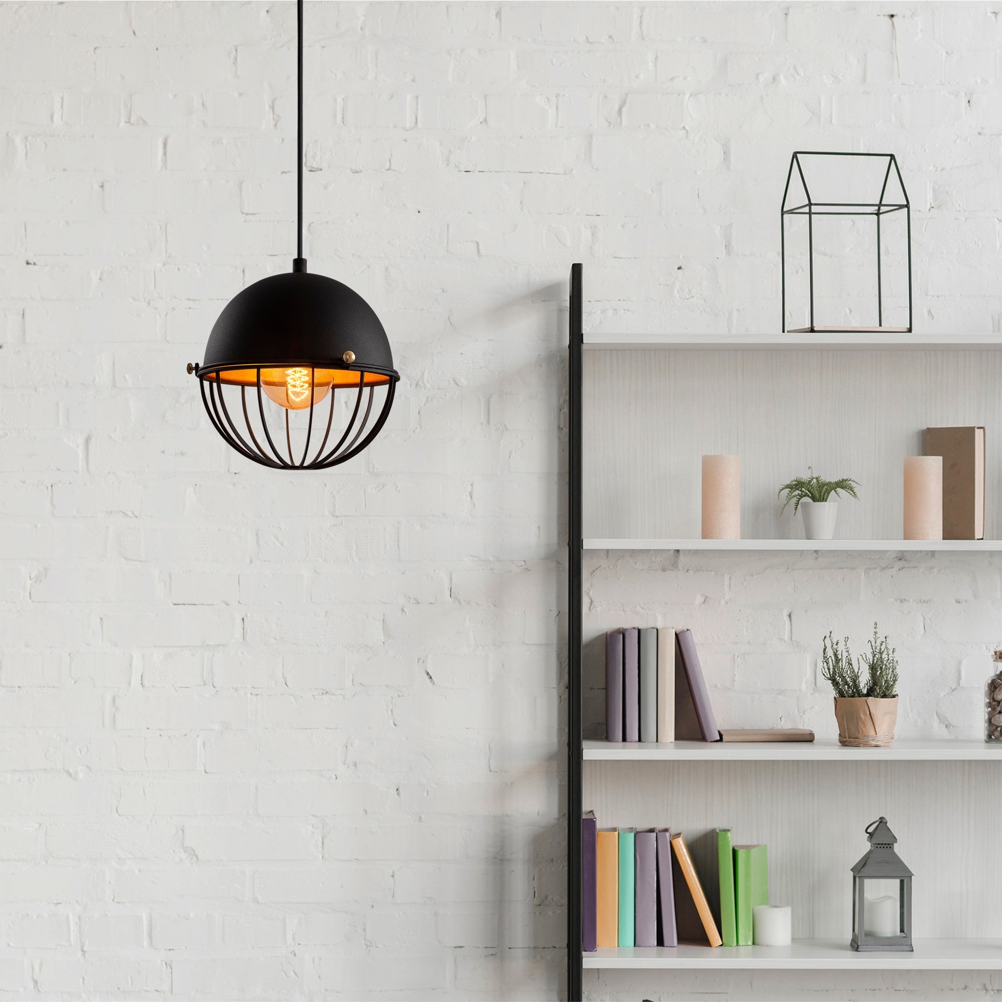 Candeeiro de Teto Glamour Moderno, Preto e Dourado, 20 cm de Diâmetro, 116 cm de Altura | Ajustável, Soquete E27, IP20 | Iluminação Elegante para Decoração Industrial e Moderna