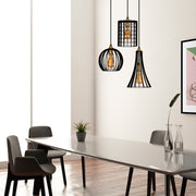 Candeeiro de Teto Industrial Preto, Corpo em Metal, 49 cm de Diâmetro, Altura Ajustável 130 cm, 3 Soquetes E27, Design Elegante para Espaços Modernos