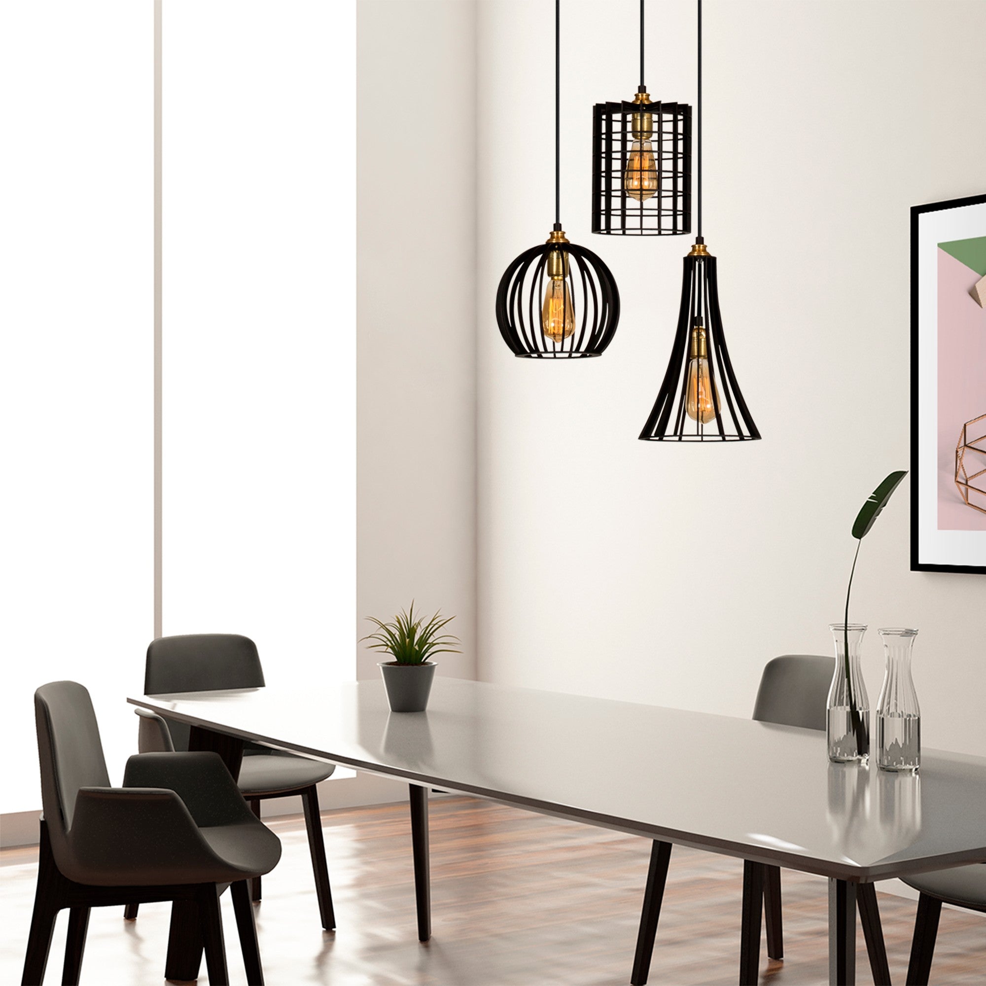 Candeeiro de Teto Industrial Preto, Corpo em Metal, 49 cm de Diâmetro, Altura Ajustável 130 cm, 3 Soquetes E27, Design Elegante para Espaços Modernos