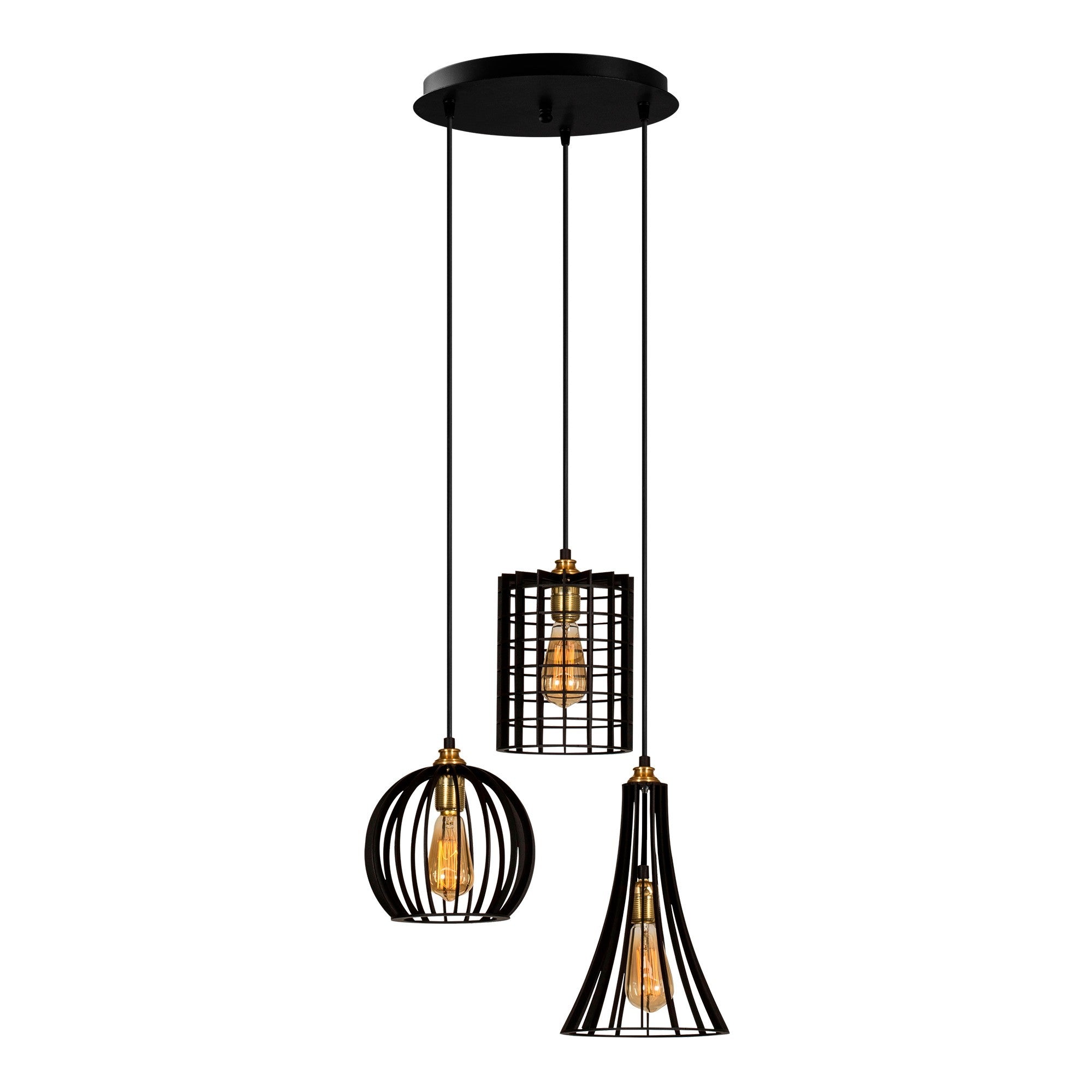 Candeeiro de Teto Industrial Preto, Corpo em Metal, 49 cm de Diâmetro, Altura Ajustável 130 cm, 3 Soquetes E27, Design Elegante para Espaços Modernos