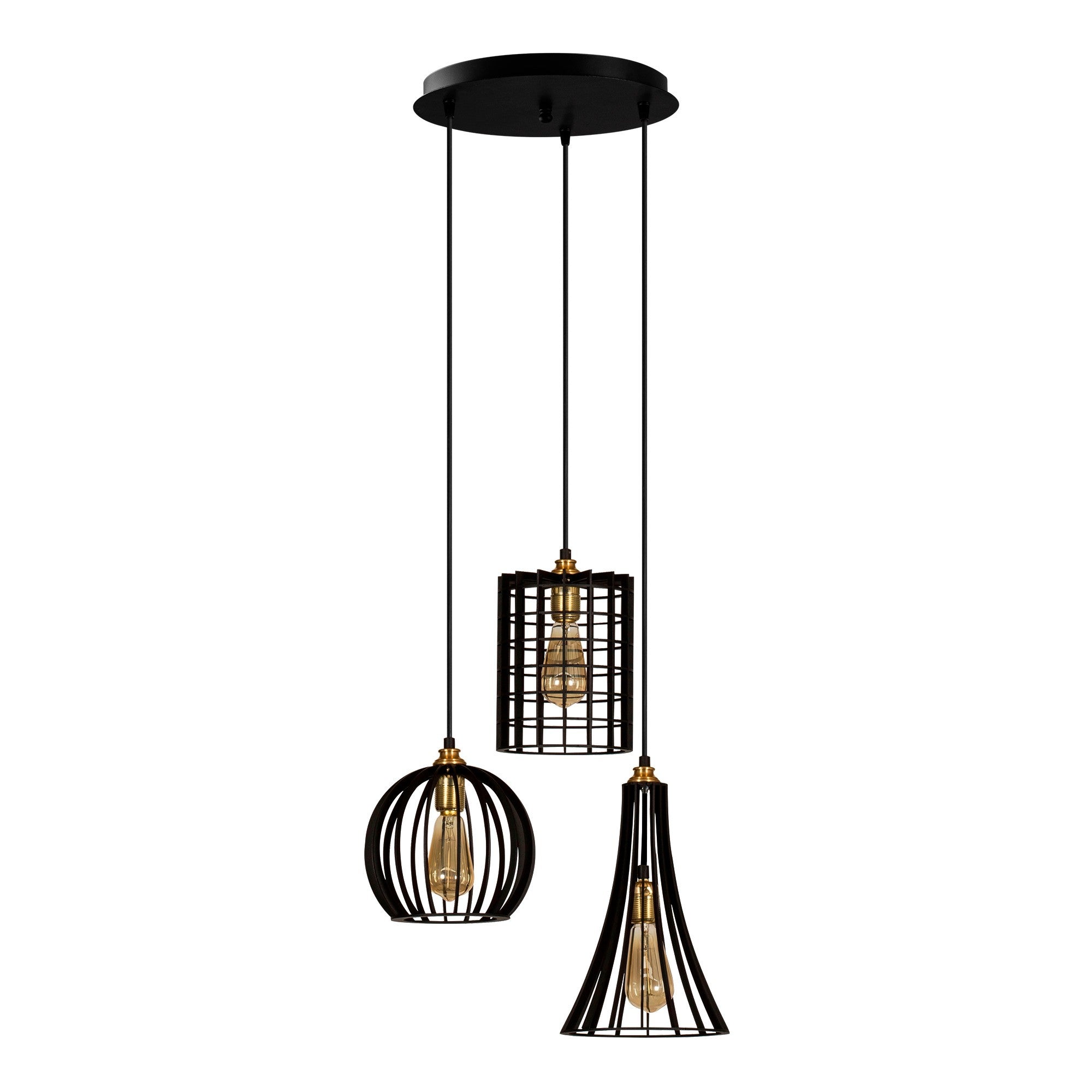 Candeeiro de Teto Industrial Preto, Corpo em Metal, 49 cm de Diâmetro, Altura Ajustável 130 cm, 3 Soquetes E27, Design Elegante para Espaços Modernos