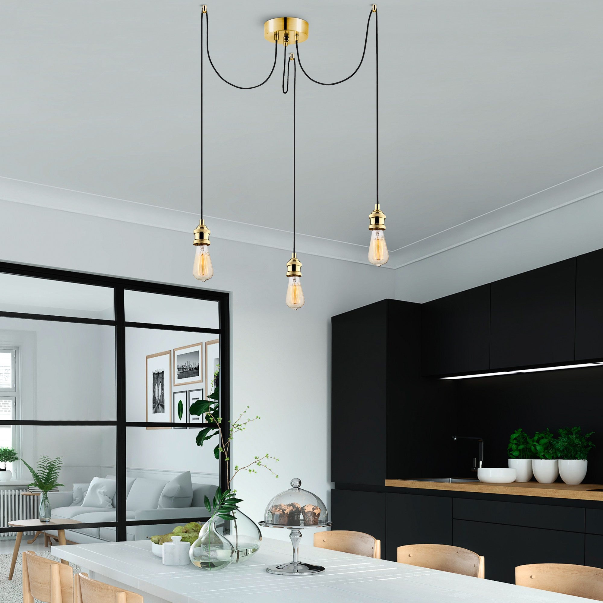 Candeeiro de Teto Dourado Elegante, Altura Ajustável 102 cm, Corpo em Ferro, 96 x 6 cm | 3 x E27 Máx. 40 W | Design Glamouroso e Nostálgico para Espaços Modernos, Classificação IP20