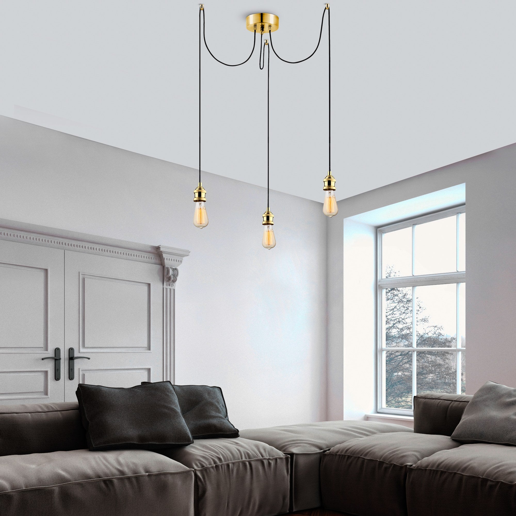 Candeeiro de Teto Dourado Elegante, Altura Ajustável 102 cm, Corpo em Ferro, 96 x 6 cm | 3 x E27 Máx. 40 W | Design Glamouroso e Nostálgico para Espaços Modernos, Classificação IP20