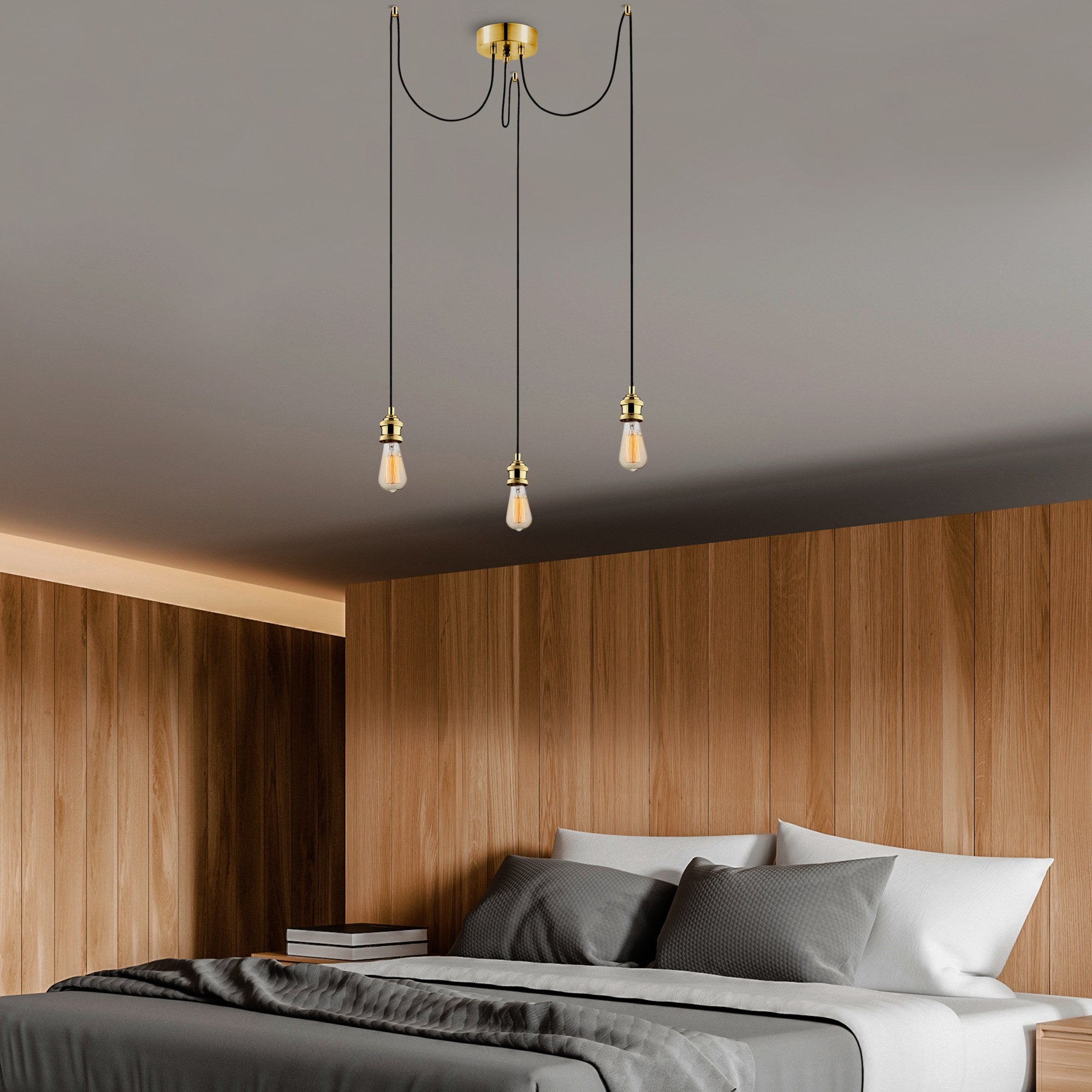 Candeeiro de Teto Dourado Elegante, Altura Ajustável 102 cm, Corpo em Ferro, 96 x 6 cm | 3 x E27 Máx. 40 W | Design Glamouroso e Nostálgico para Espaços Modernos, Classificação IP20